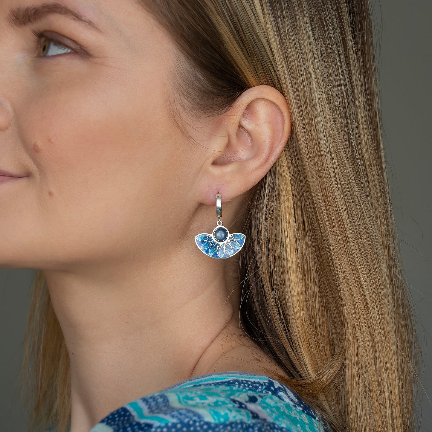 Blue Kyanite Stone, Cloisonné Enamel, Blue Earrings