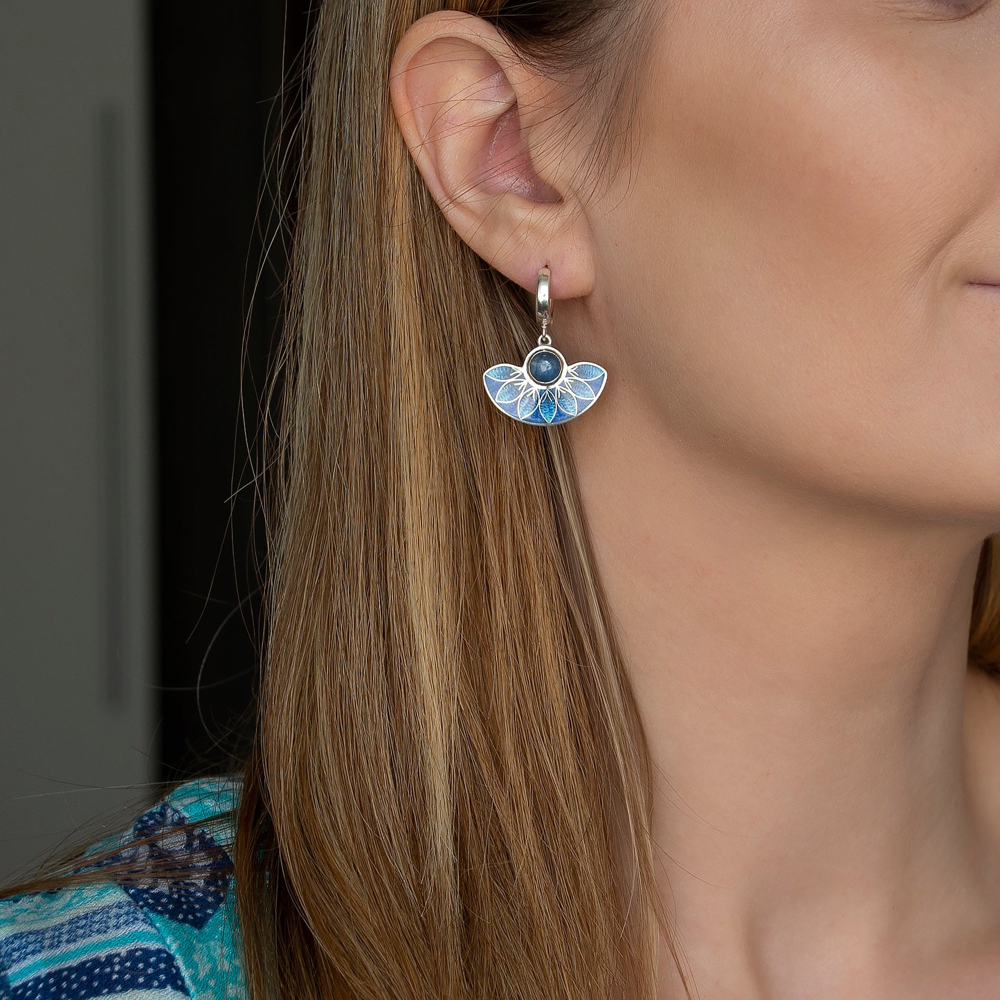Blue Kyanite Stone, Cloisonné Enamel, Blue Earrings