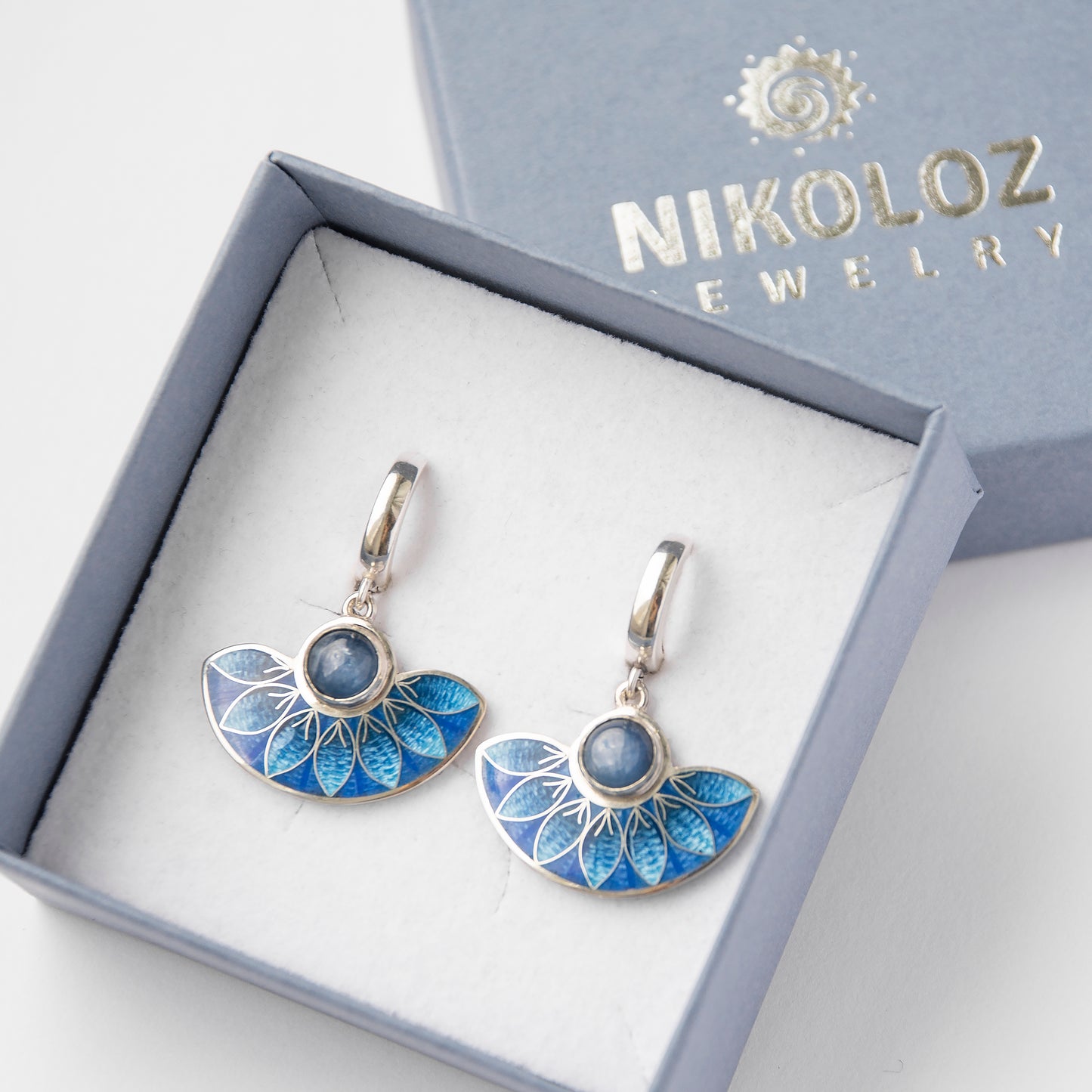 Blue Kyanite Stone, Cloisonné Enamel, Blue Earrings