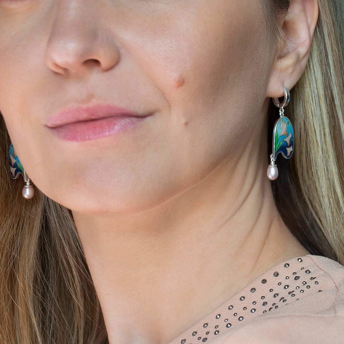 Art Nouveau Style, Gold Cloisonné Enamel Earrings With Rose Pearls