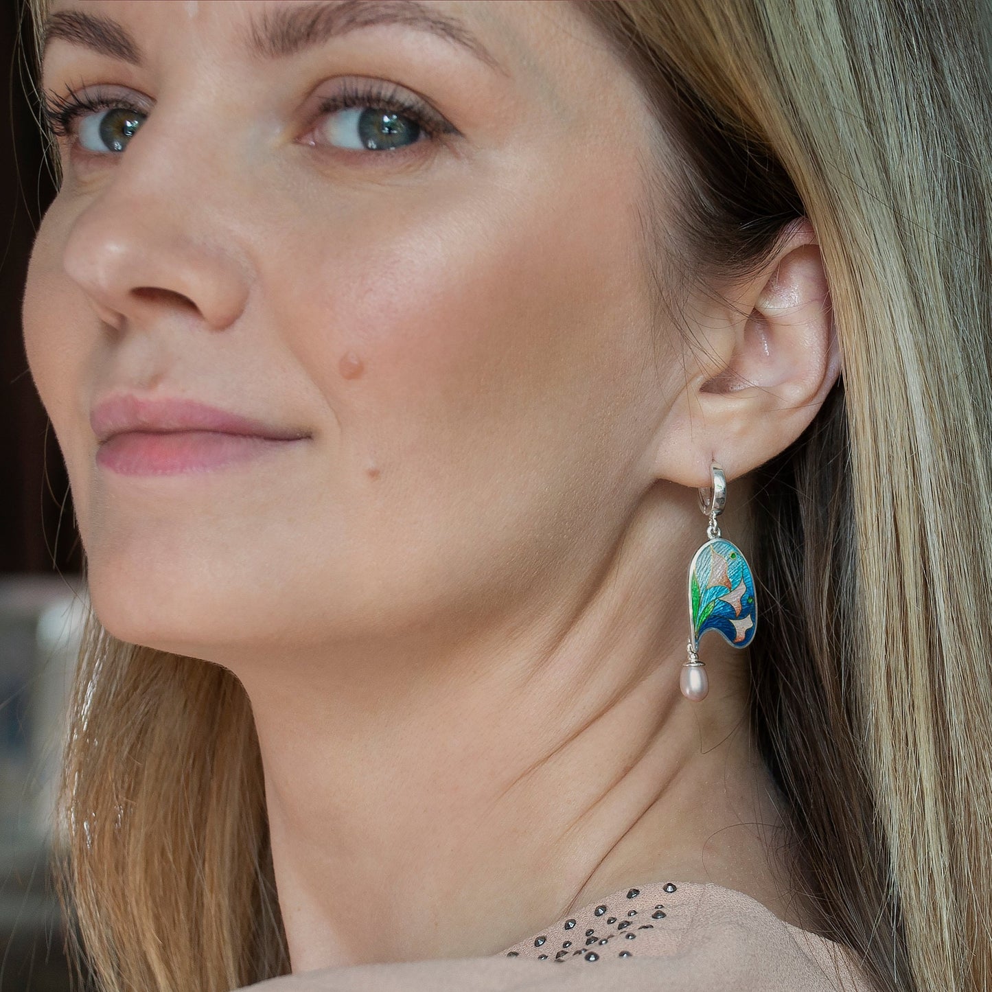 Art Nouveau Style, Gold Cloisonné Enamel Earrings With Rose Pearls