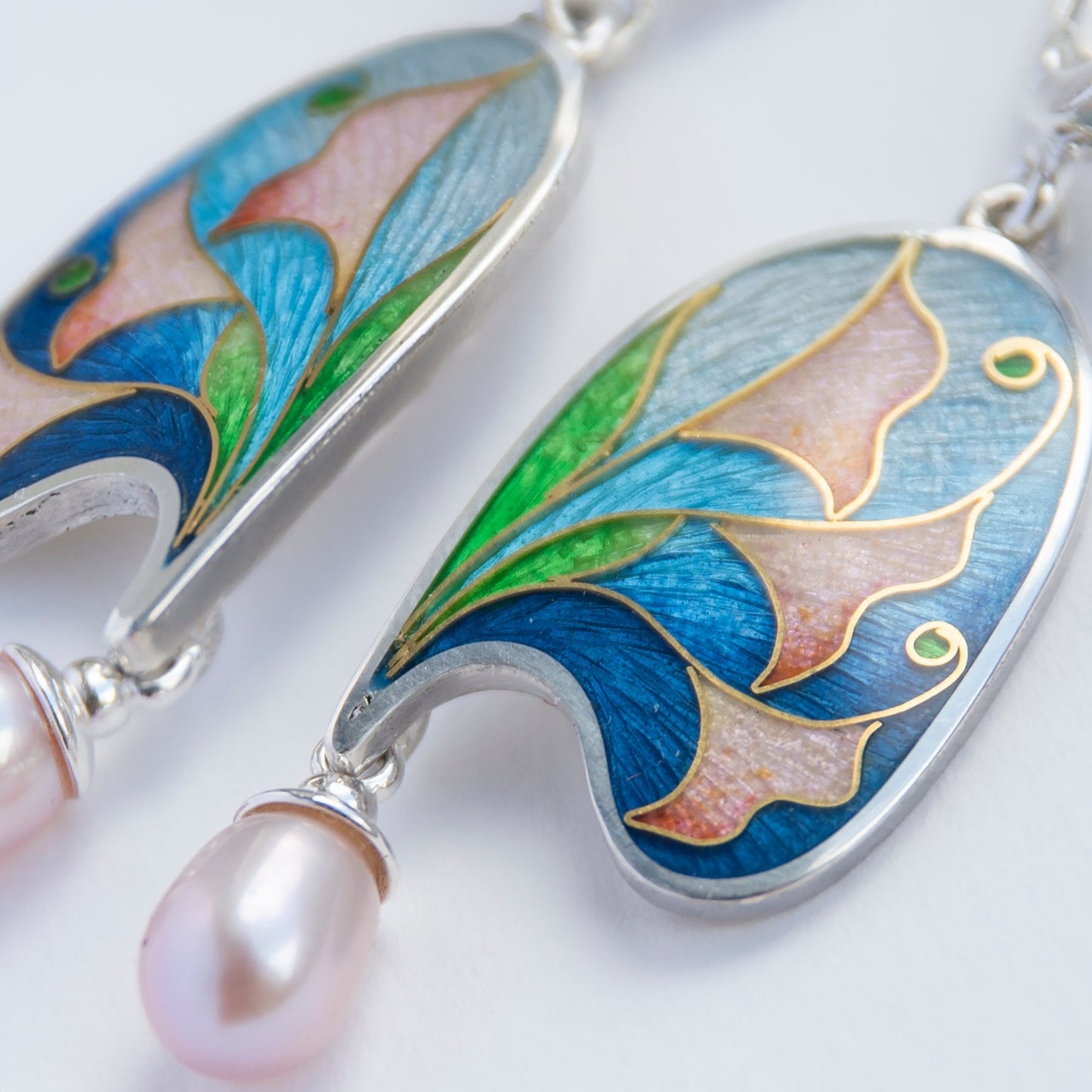 Art Nouveau Style, Gold Cloisonné Enamel Earrings With Rose Pearls