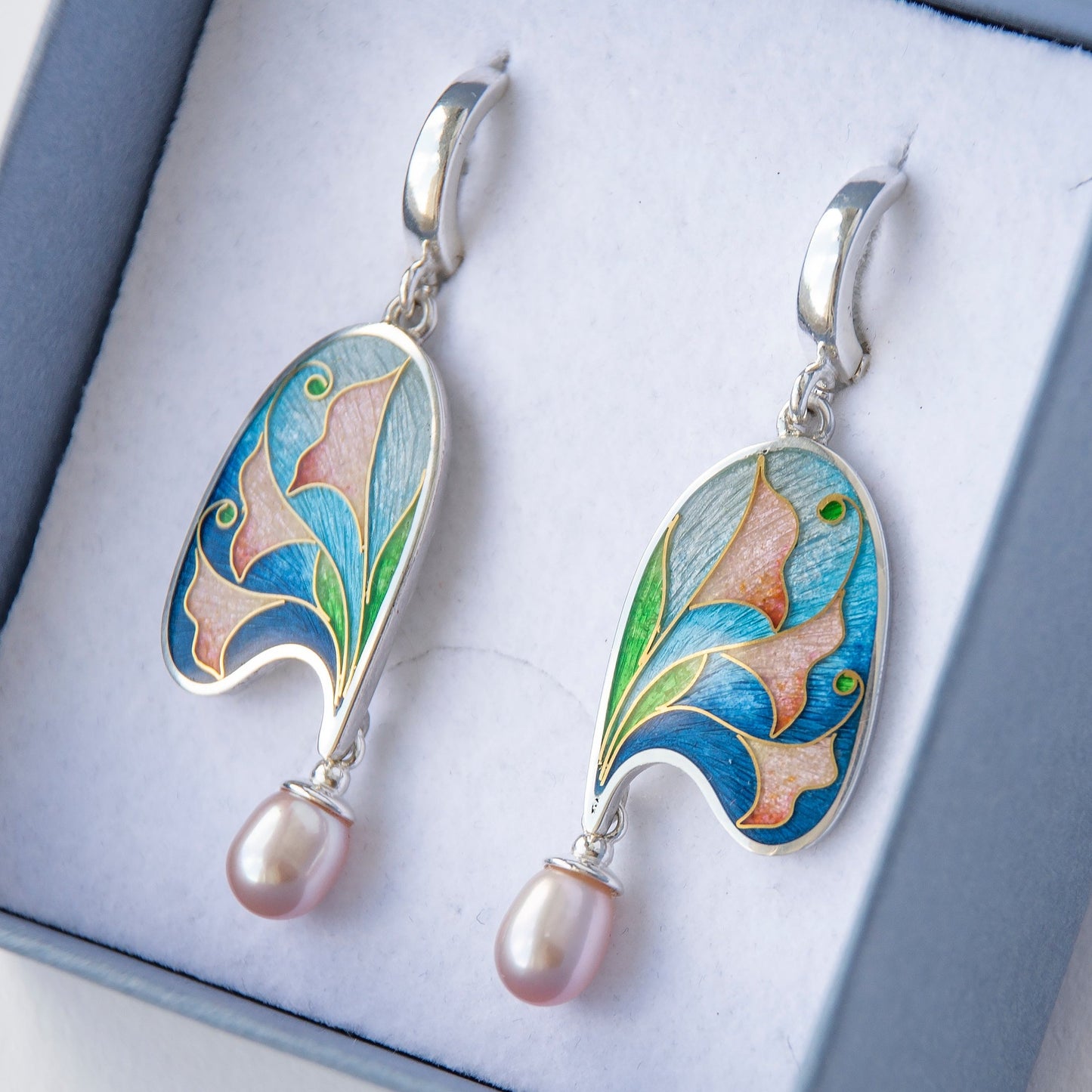 Art Nouveau Style, Gold Cloisonné Enamel Earrings With Rose Pearls