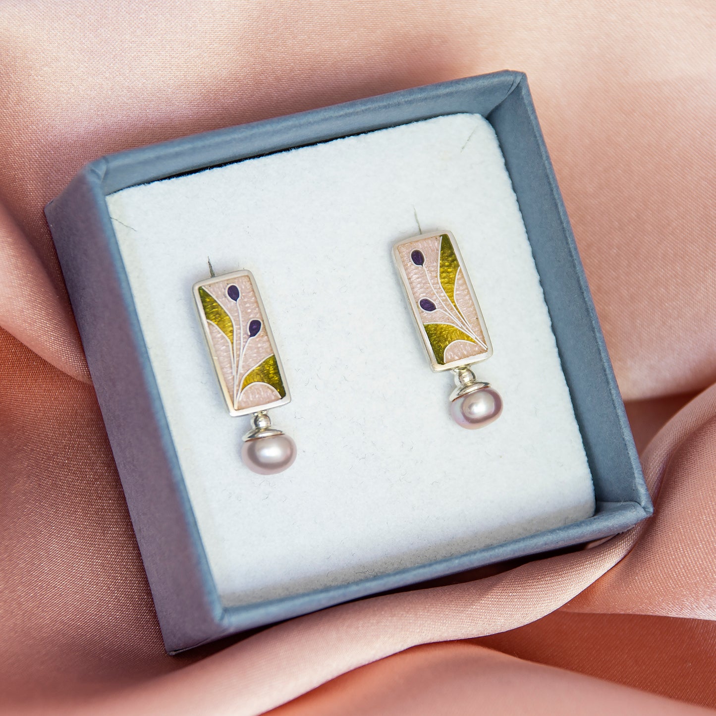 Cloisonné Enamel Pink Studs With Rose Pearls