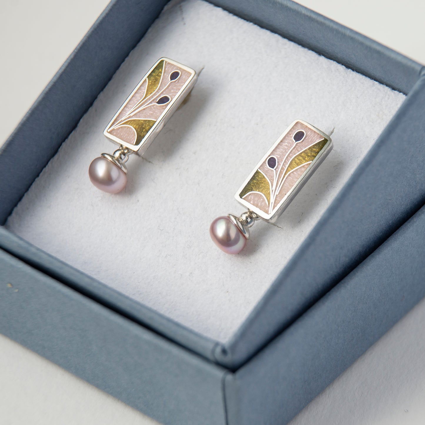 Cloisonné Enamel Pink Studs With Rose Pearls