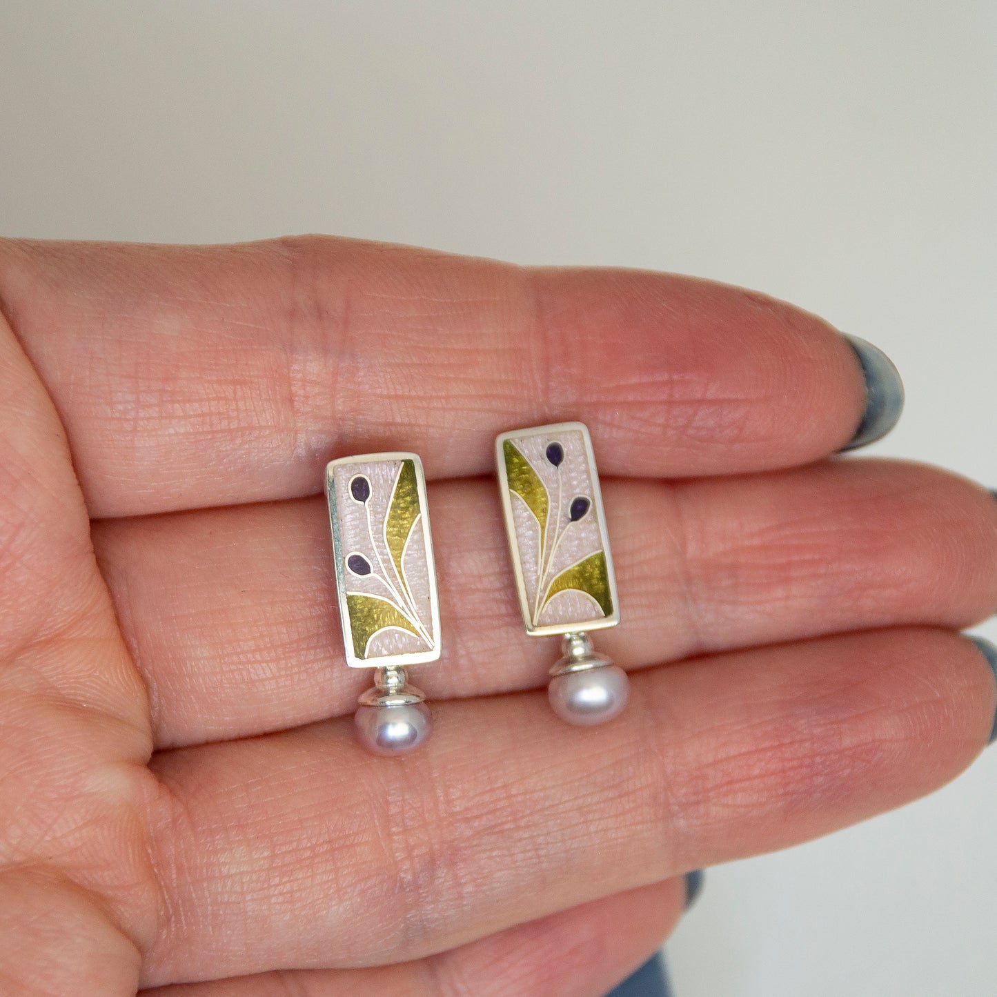 Cloisonné Enamel Pink Studs With Rose Pearls
