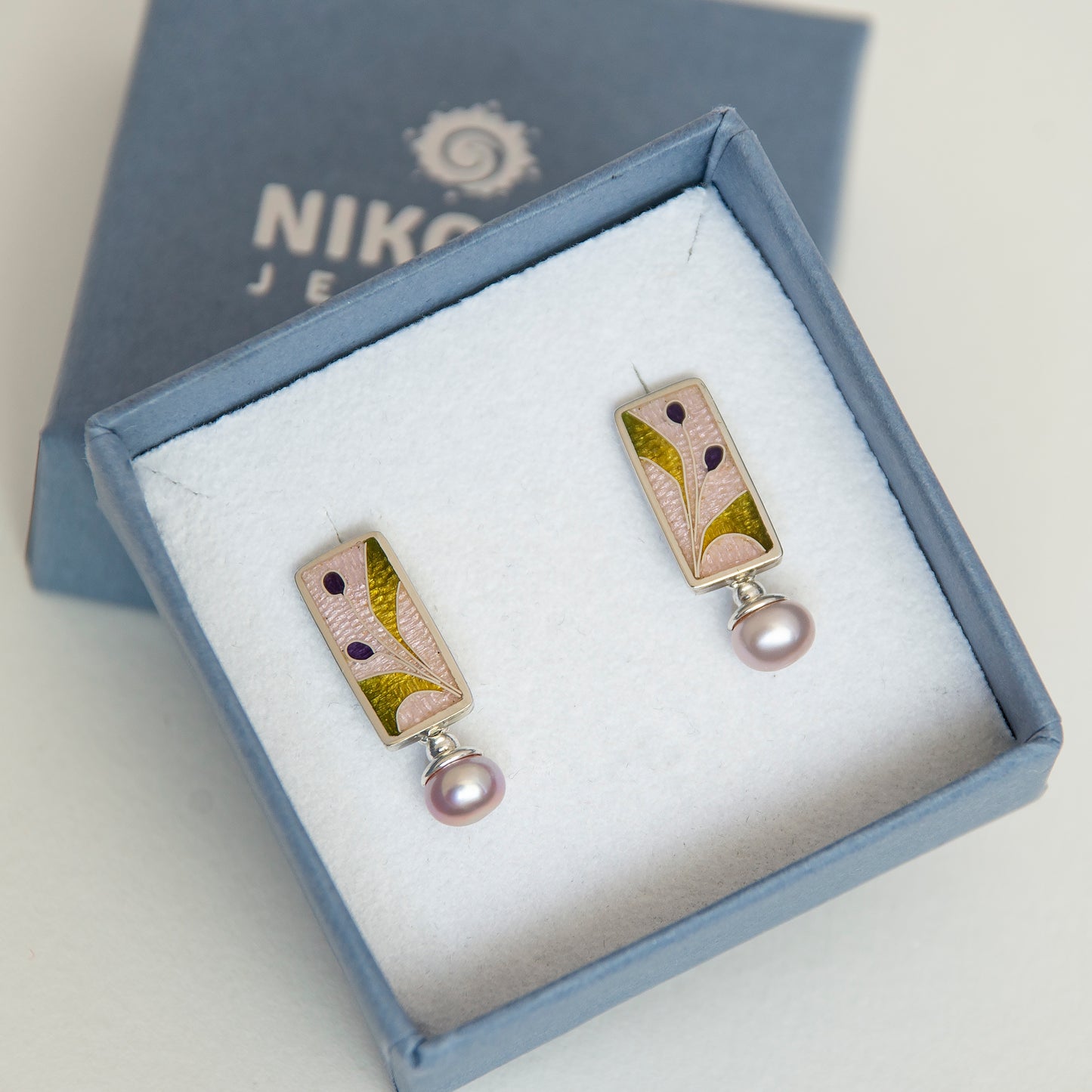 Cloisonné Enamel Pink Studs With Rose Pearls