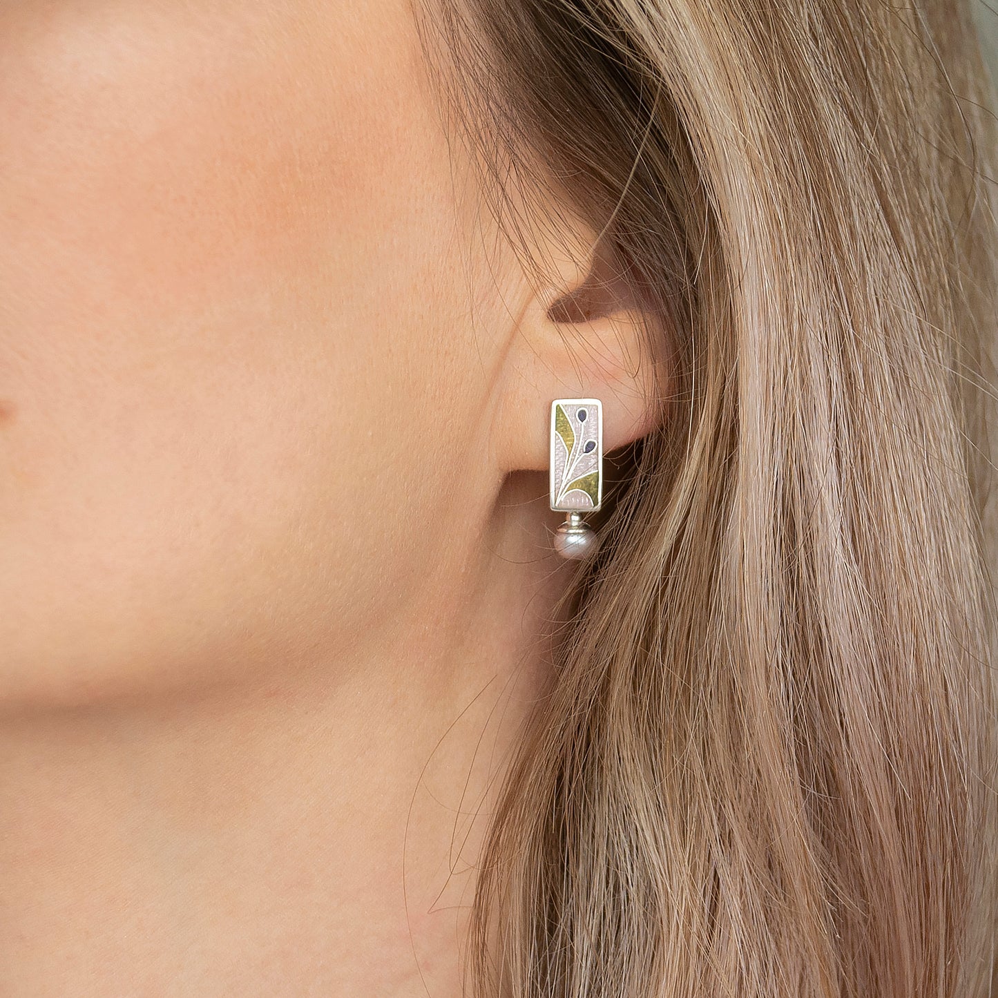 Cloisonné Enamel Pink Studs With Rose Pearls