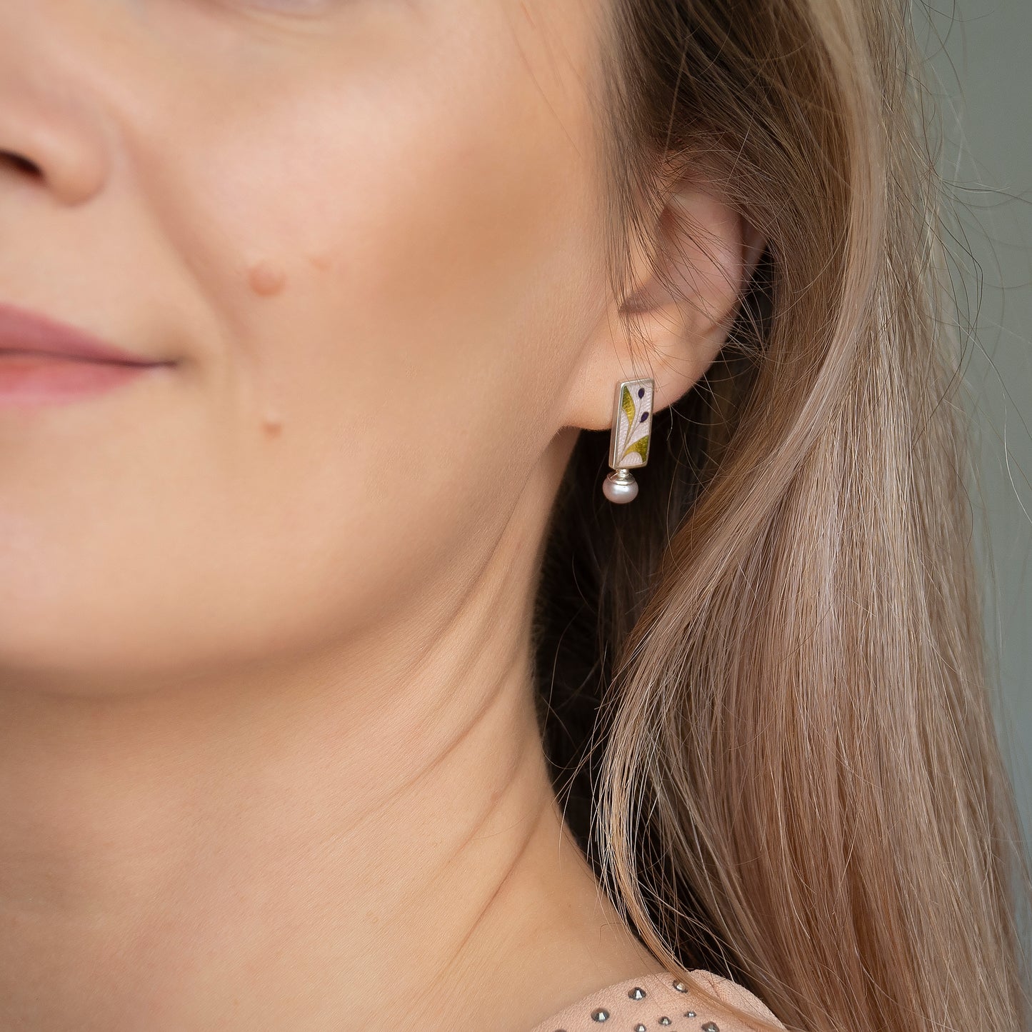 Cloisonné Enamel Pink Studs With Rose Pearls