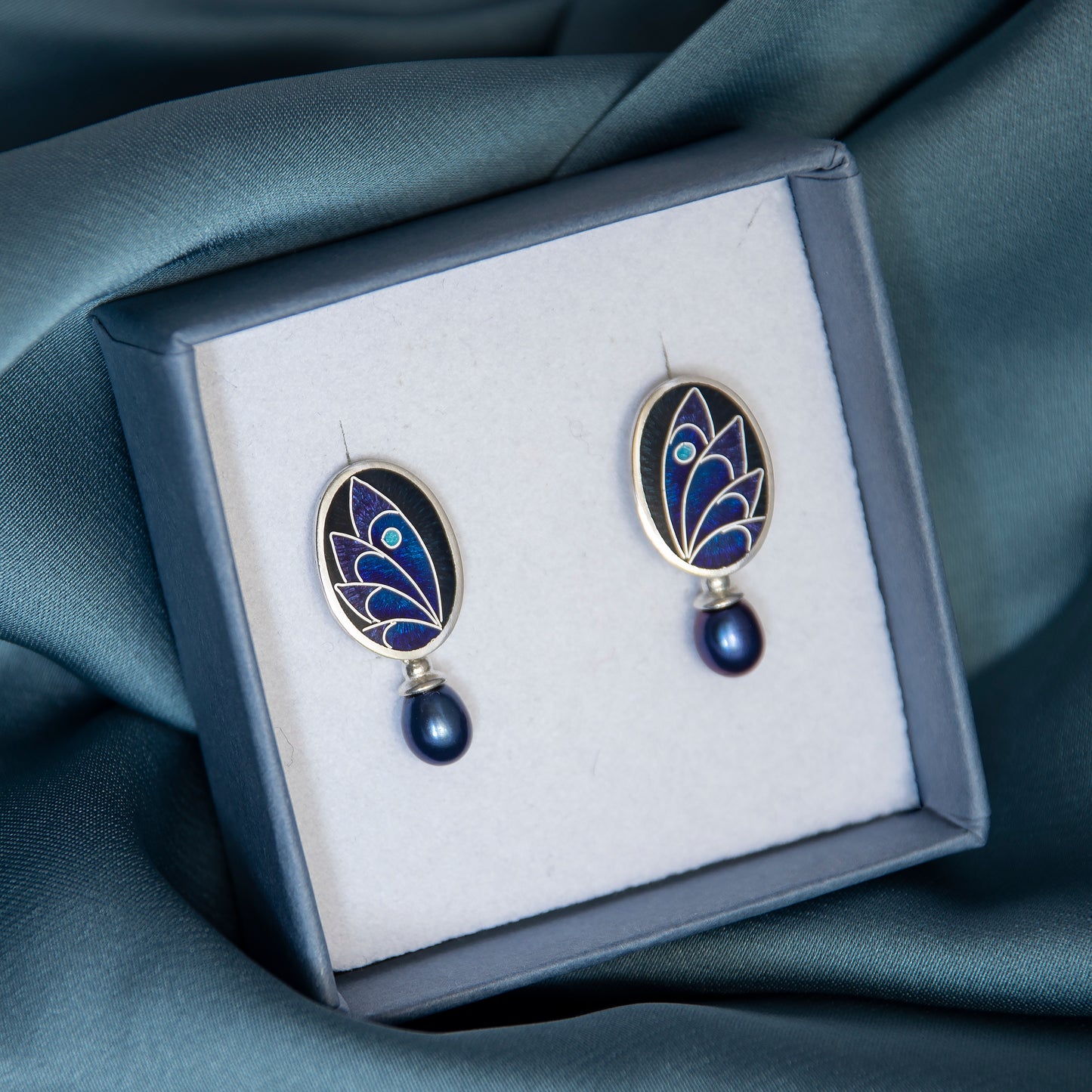 Cloisonné Enamel. Black and Dark Blue Earrings With Peacock Pearls