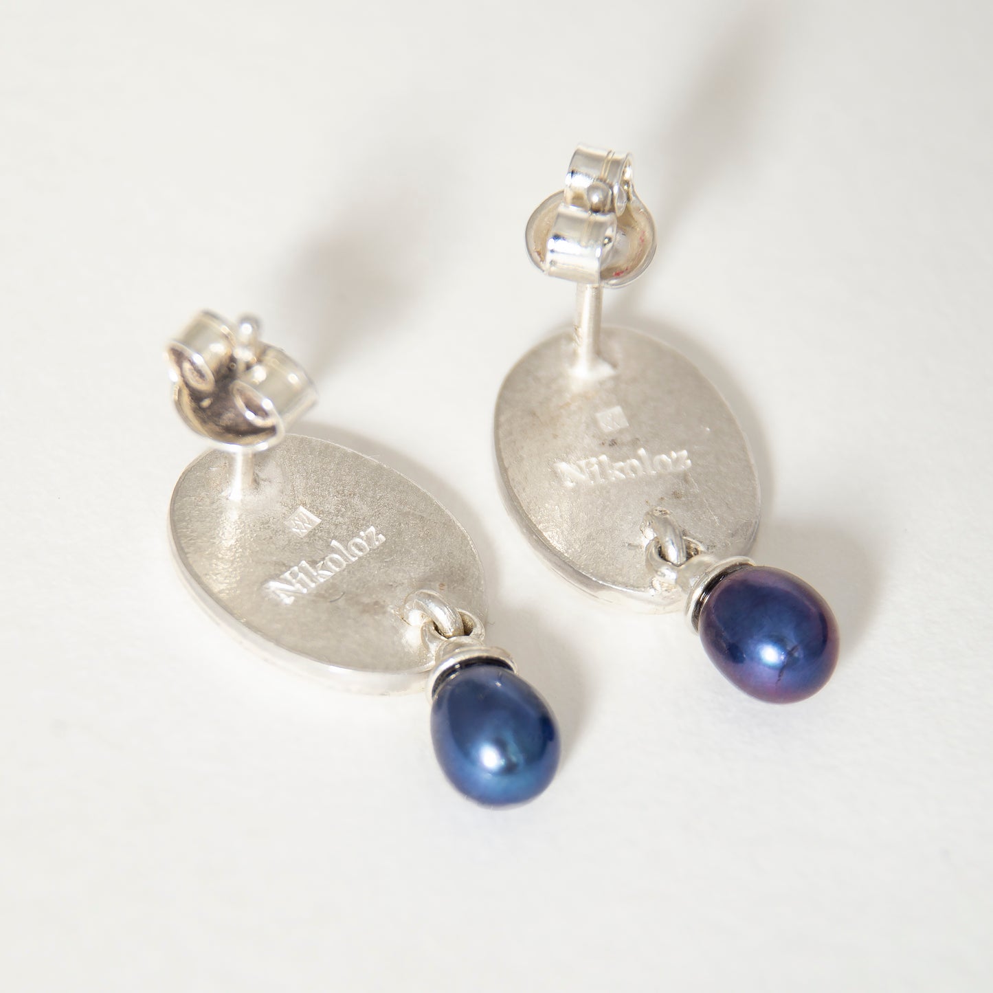 Cloisonné Enamel. Black and Dark Blue Earrings With Peacock Pearls