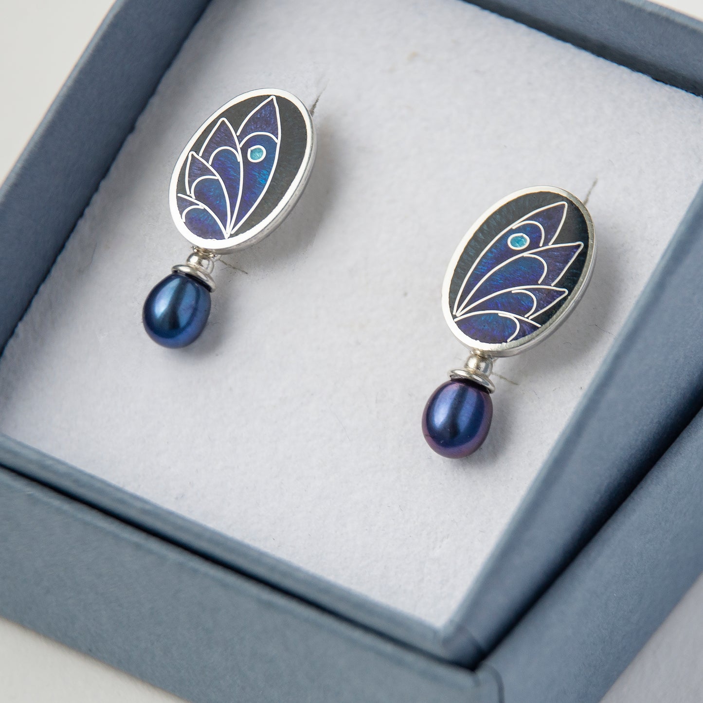 Cloisonné Enamel. Black and Dark Blue Earrings With Peacock Pearls