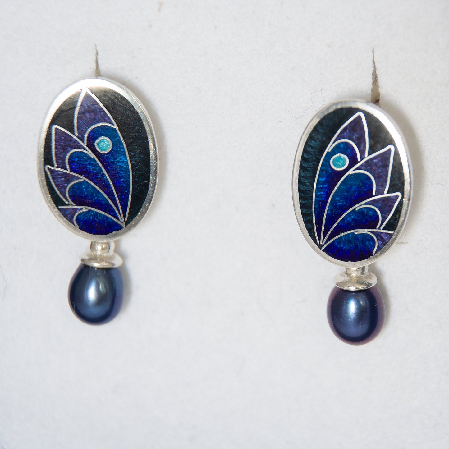 Cloisonné Enamel. Black and Dark Blue Earrings With Peacock Pearls