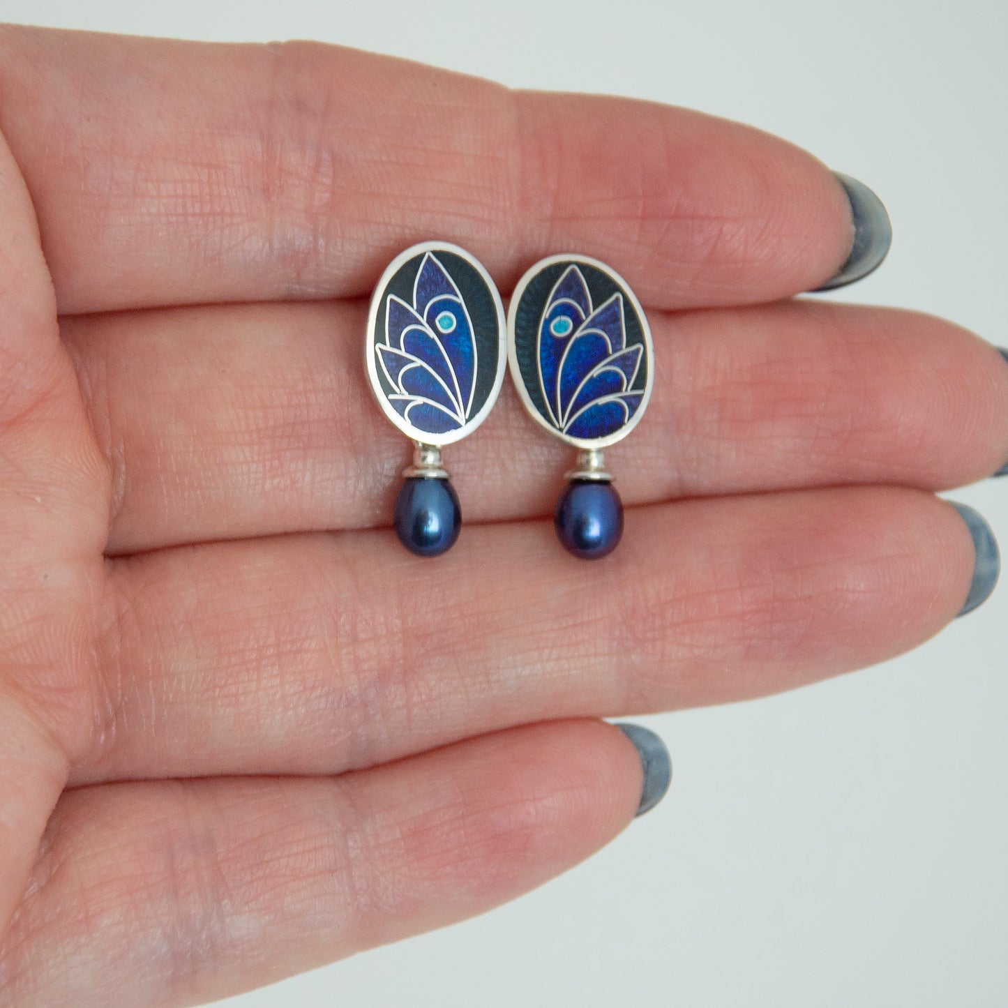 Cloisonné Enamel. Black and Dark Blue Earrings With Peacock Pearls