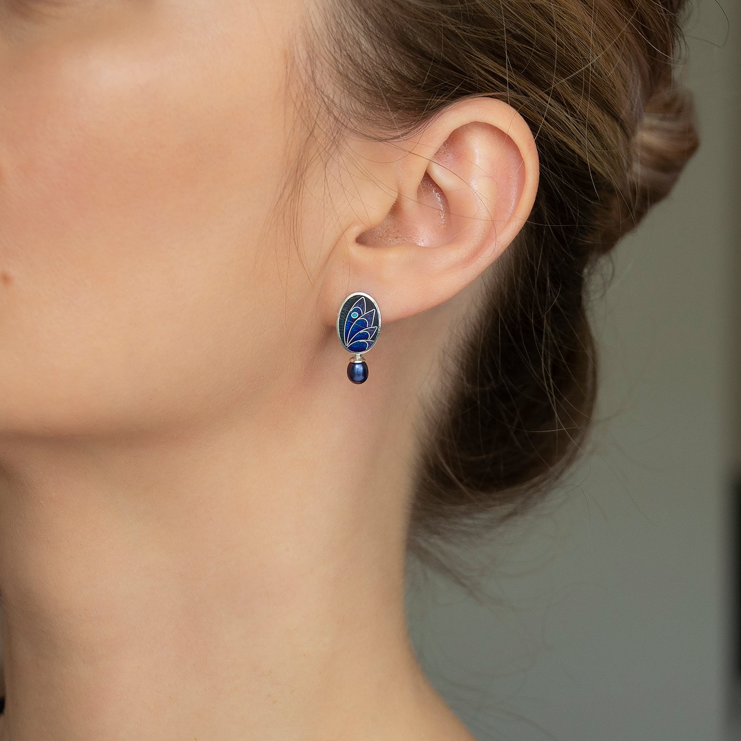 Cloisonné Enamel. Black and Dark Blue Earrings With Peacock Pearls
