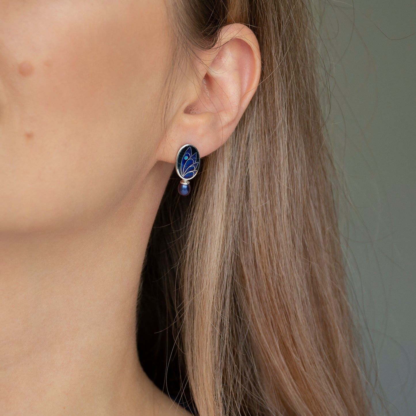 Cloisonné Enamel. Black and Dark Blue Earrings With Peacock Pearls