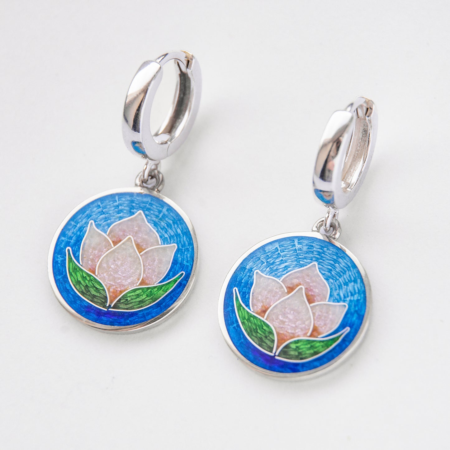 Cloisonné Enamel, Sterling Silver, Earrings "Rose Water Lily"