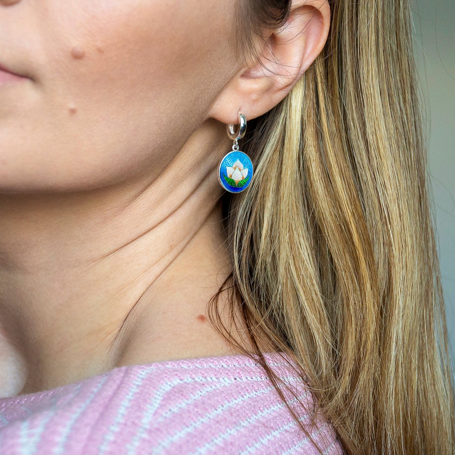 Cloisonné Enamel, Sterling Silver, Earrings "Rose Water Lily"