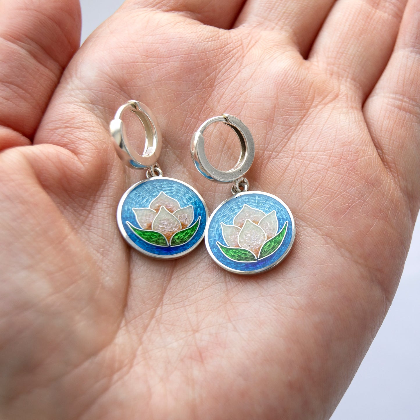 Cloisonné Enamel, Sterling Silver, Earrings "Rose Water Lily"