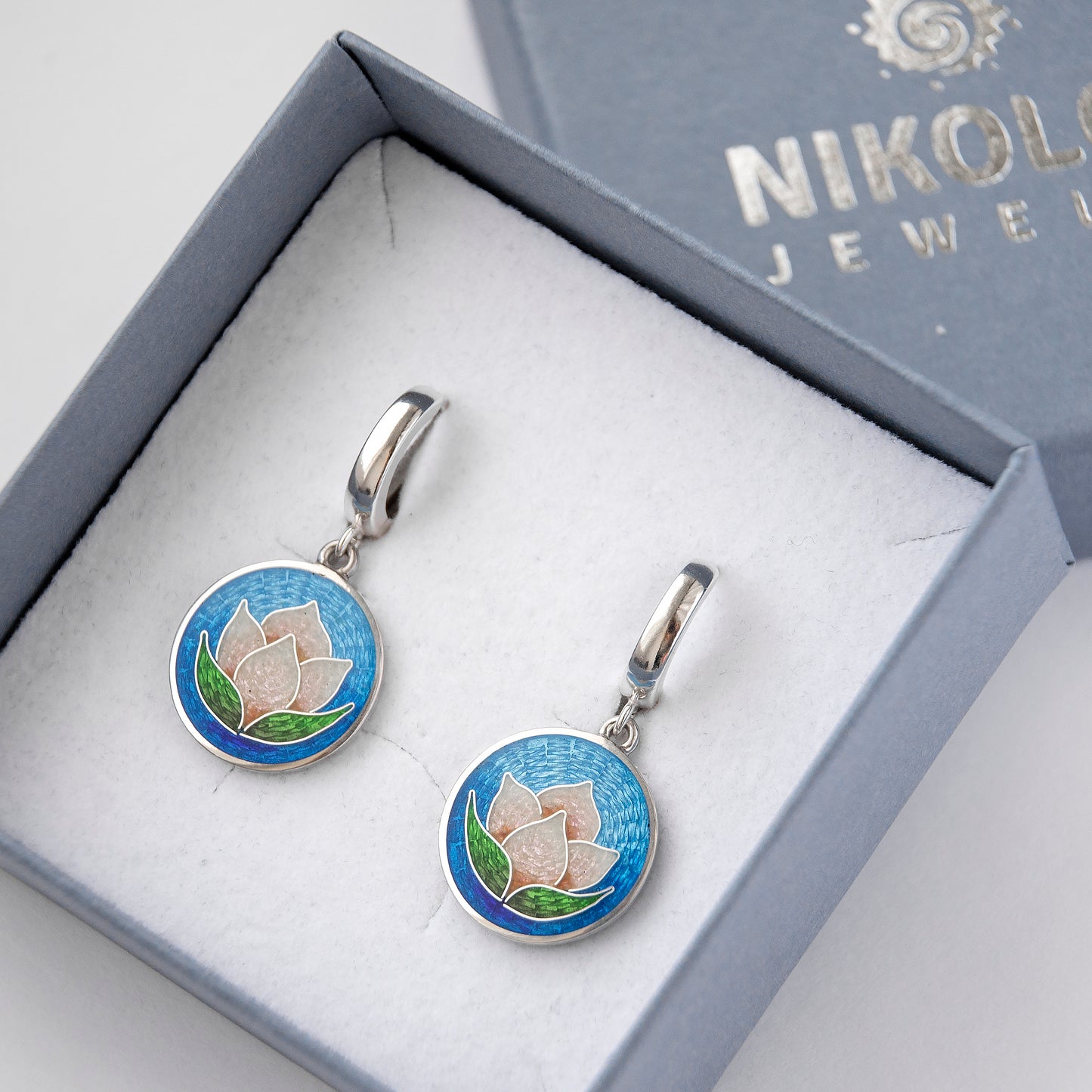 Cloisonné Enamel, Sterling Silver, Earrings "Rose Water Lily"