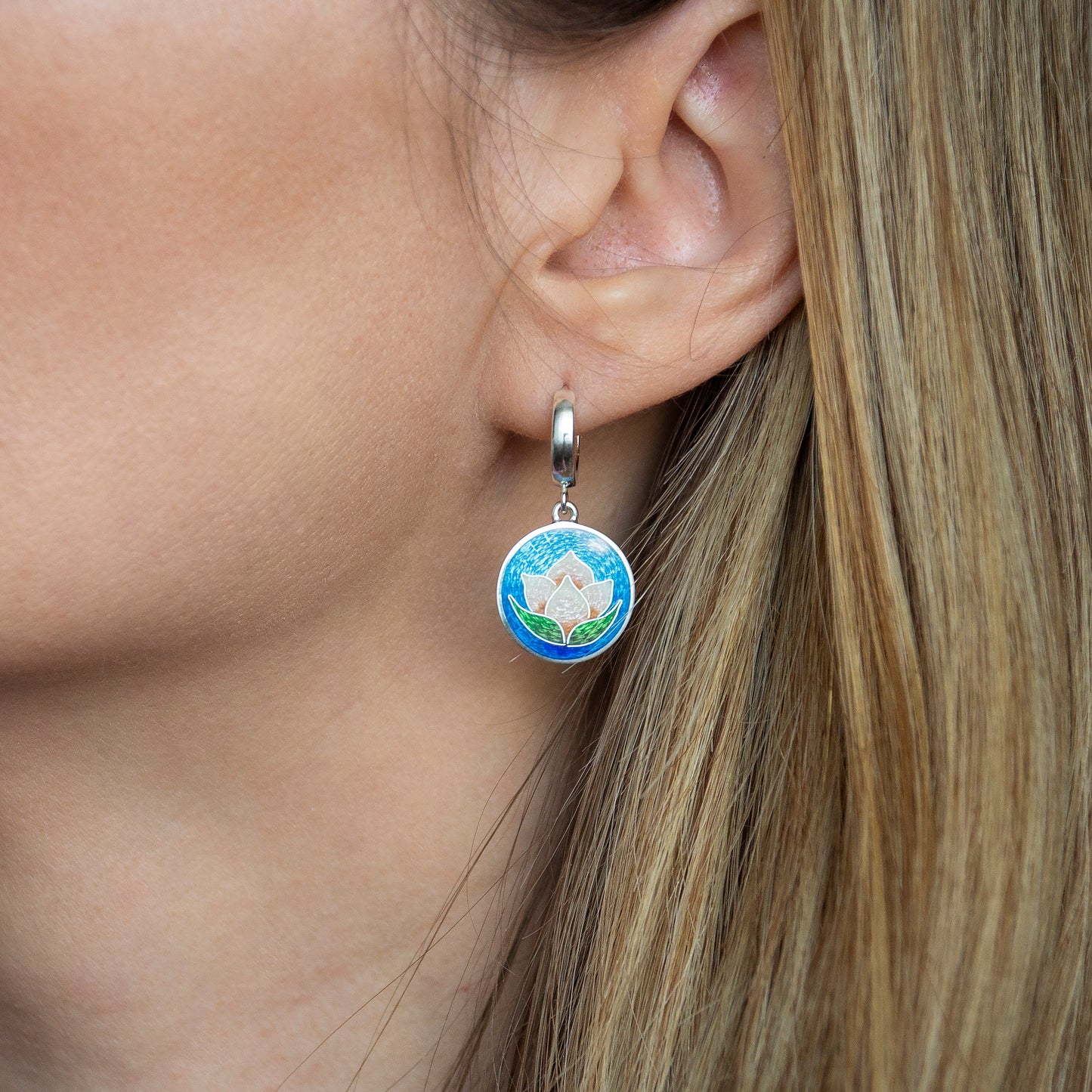 Cloisonné Enamel, Sterling Silver, Earrings "Rose Water Lily"