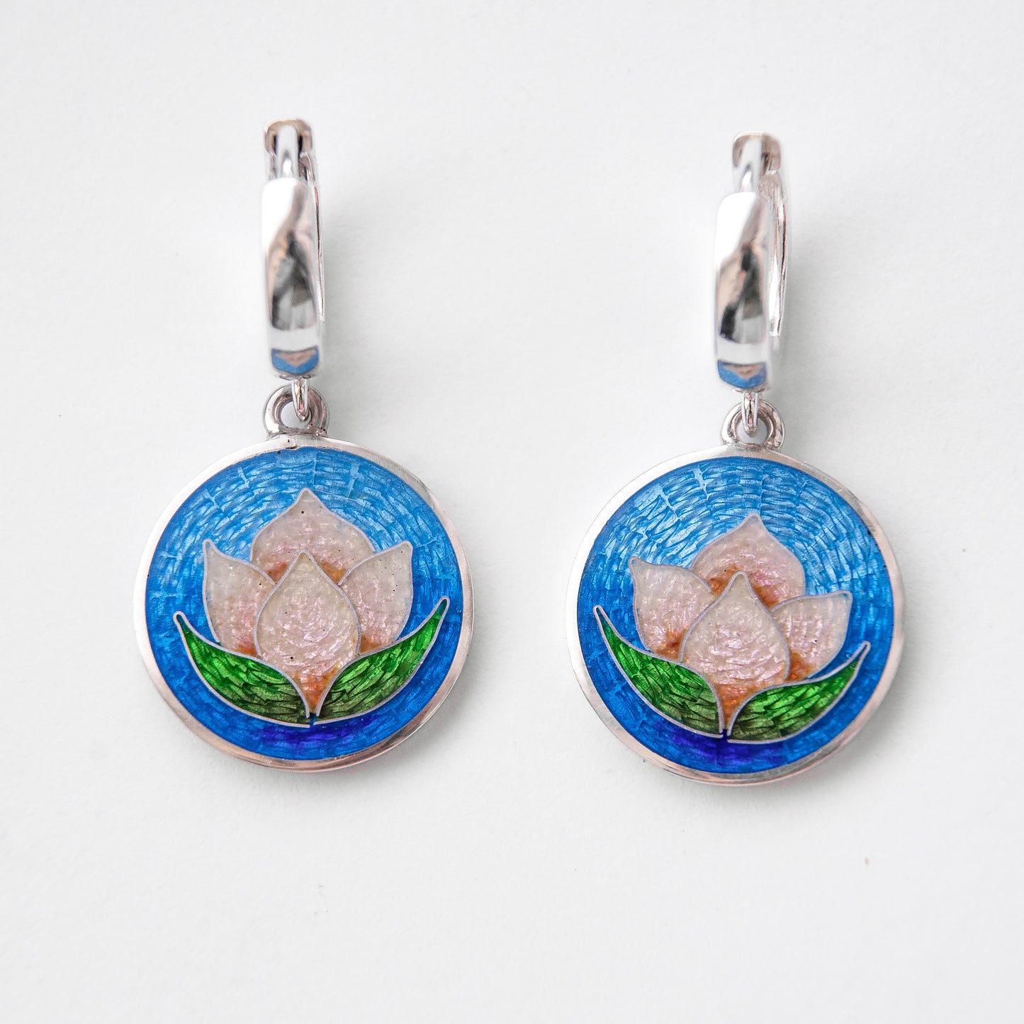 Cloisonné Enamel, Sterling Silver, Earrings "Rose Water Lily"