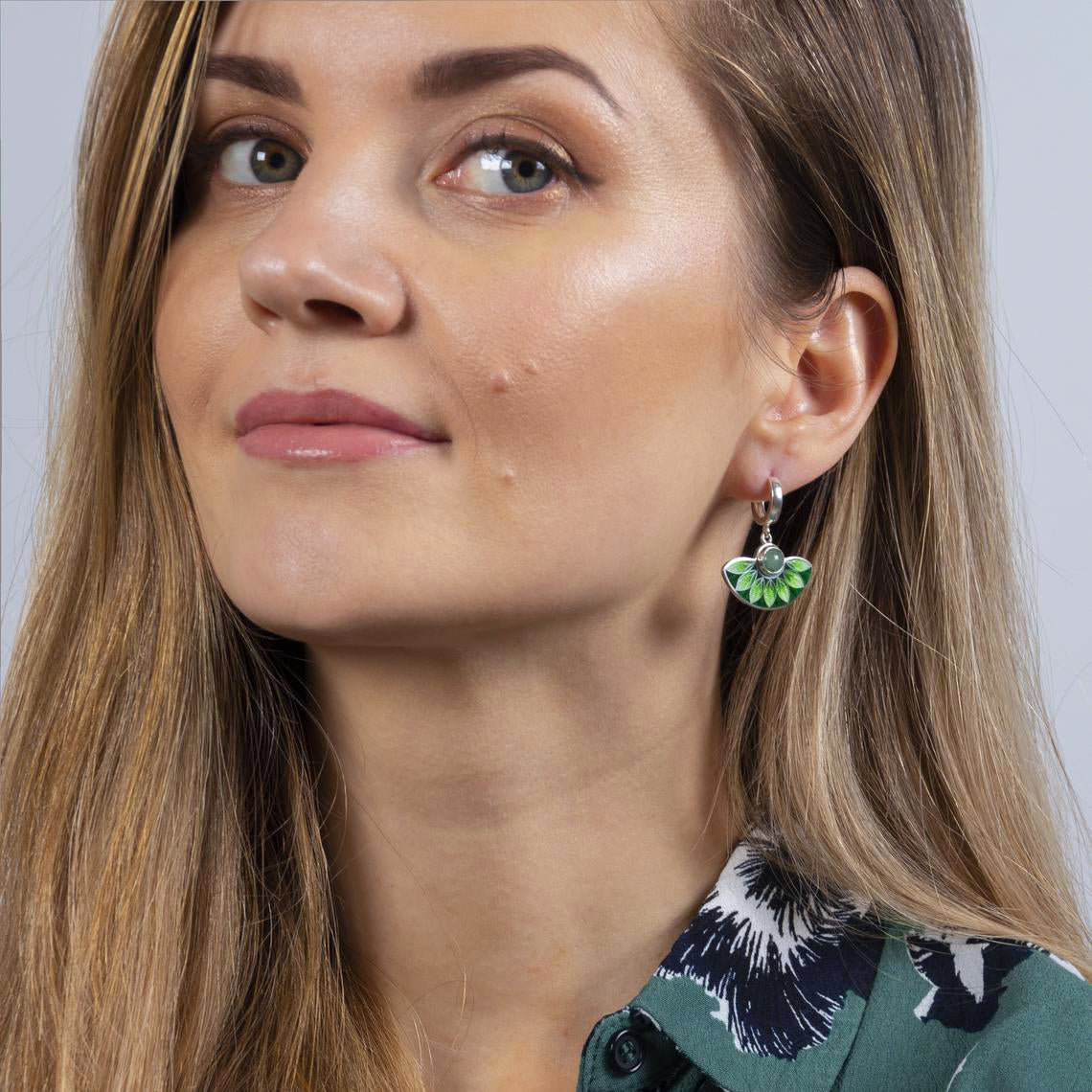 Green Aventurine Stone and Cloisonné Enamel Unique Earrings