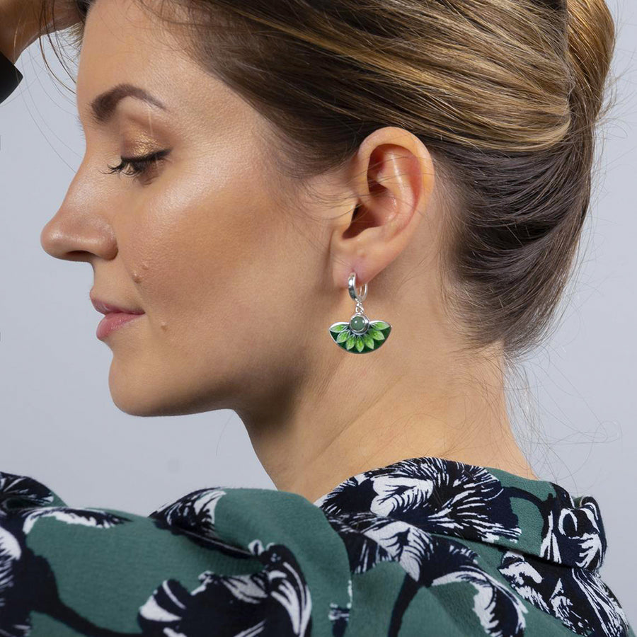 Green Aventurine Stone and Cloisonné Enamel Unique Earrings