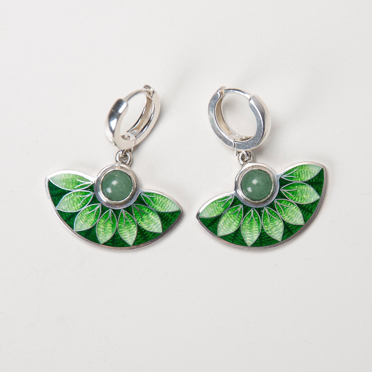 Green Aventurine Stone and Cloisonné Enamel Unique Earrings