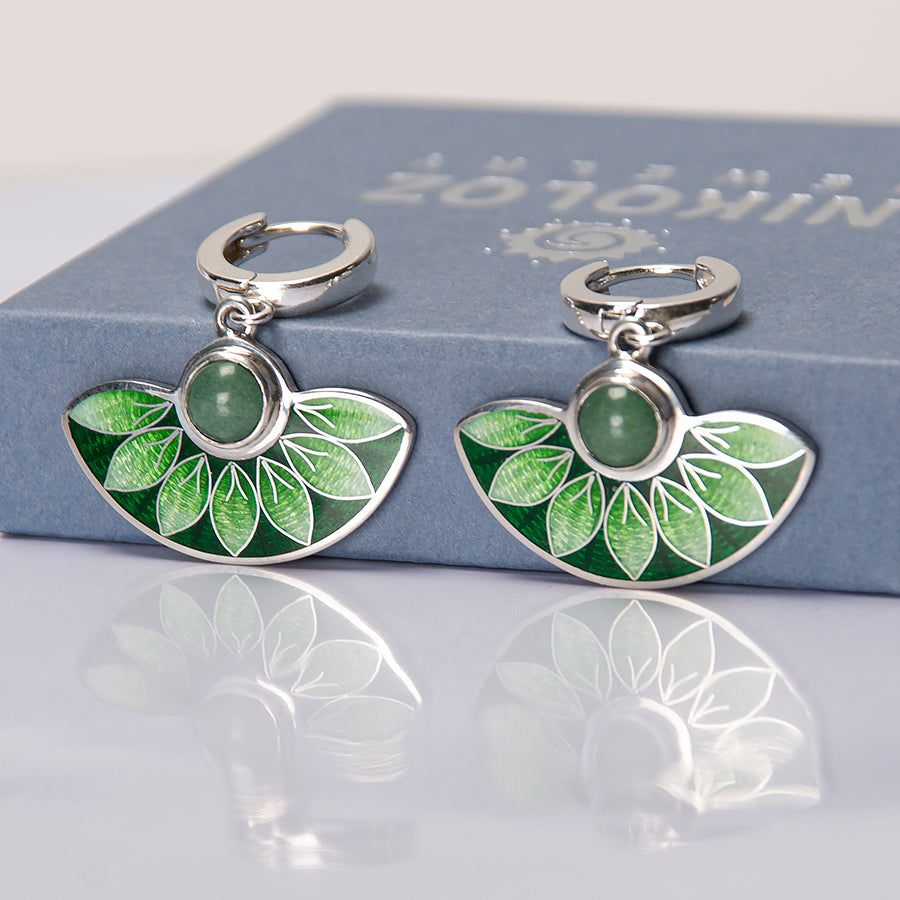 Green Aventurine Stone and Cloisonné Enamel Unique Earrings