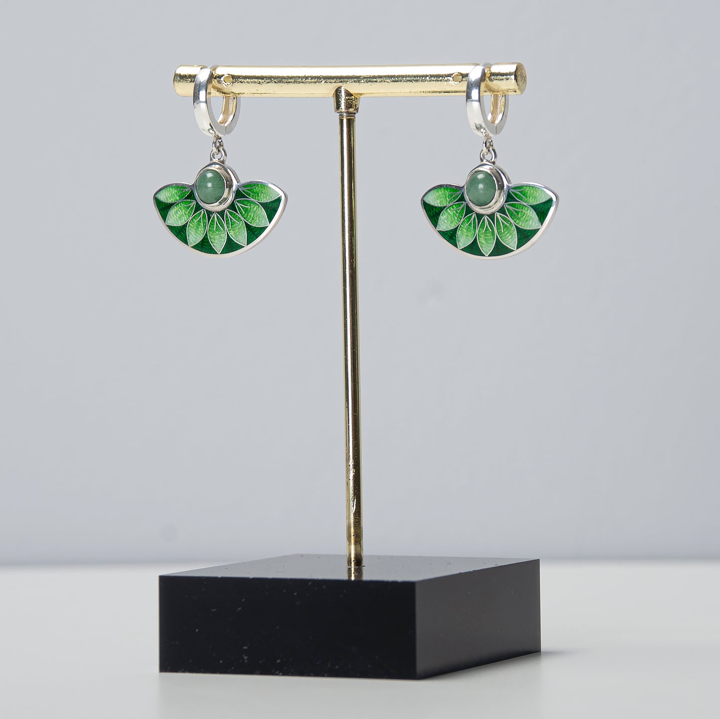 Green Aventurine Stone and Cloisonné Enamel Unique Earrings