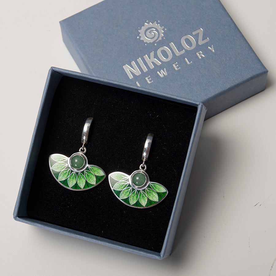 Green Aventurine Stone and Cloisonné Enamel Unique Earrings