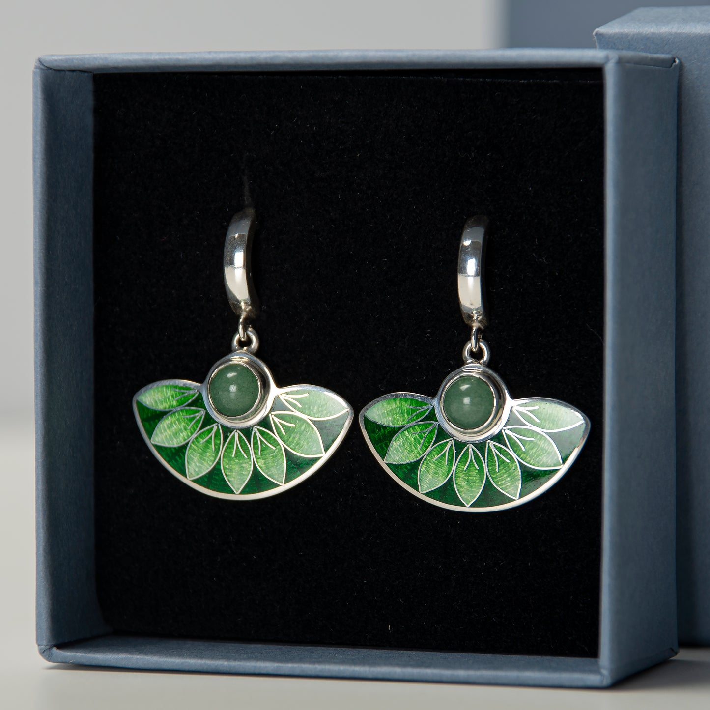 Green Aventurine Stone and Cloisonné Enamel Unique Earrings