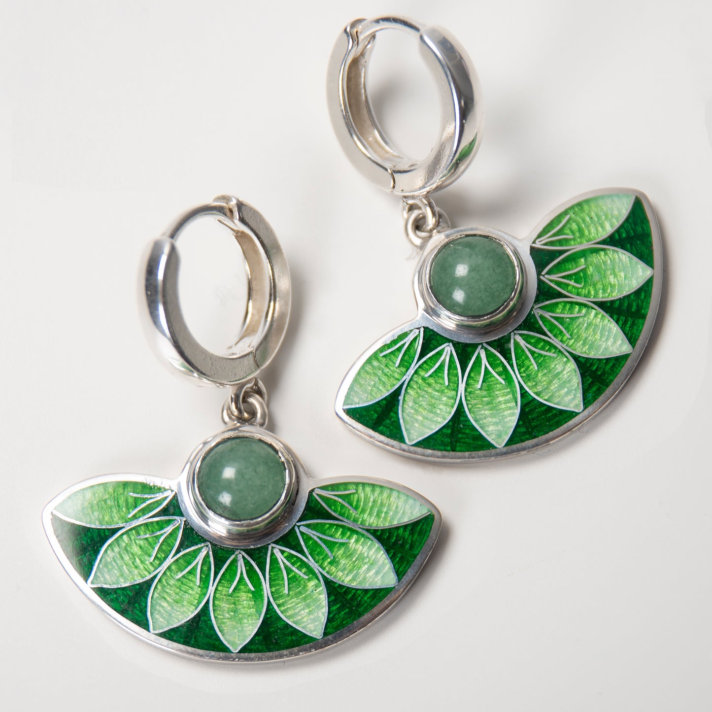 Green Aventurine Stone and Cloisonné Enamel Unique Earrings