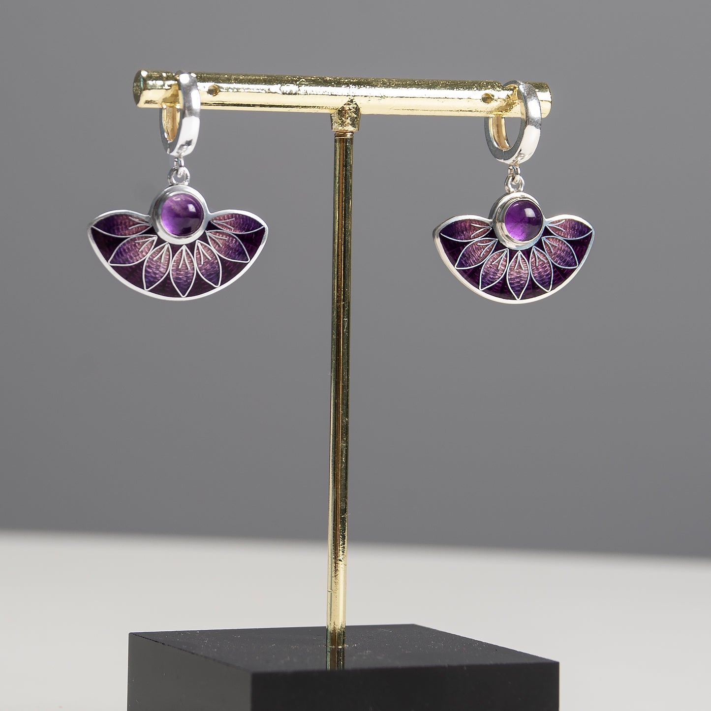 Purple Leaves Semicircle Cloisonné Enamel Earrings with Amethyst Stone