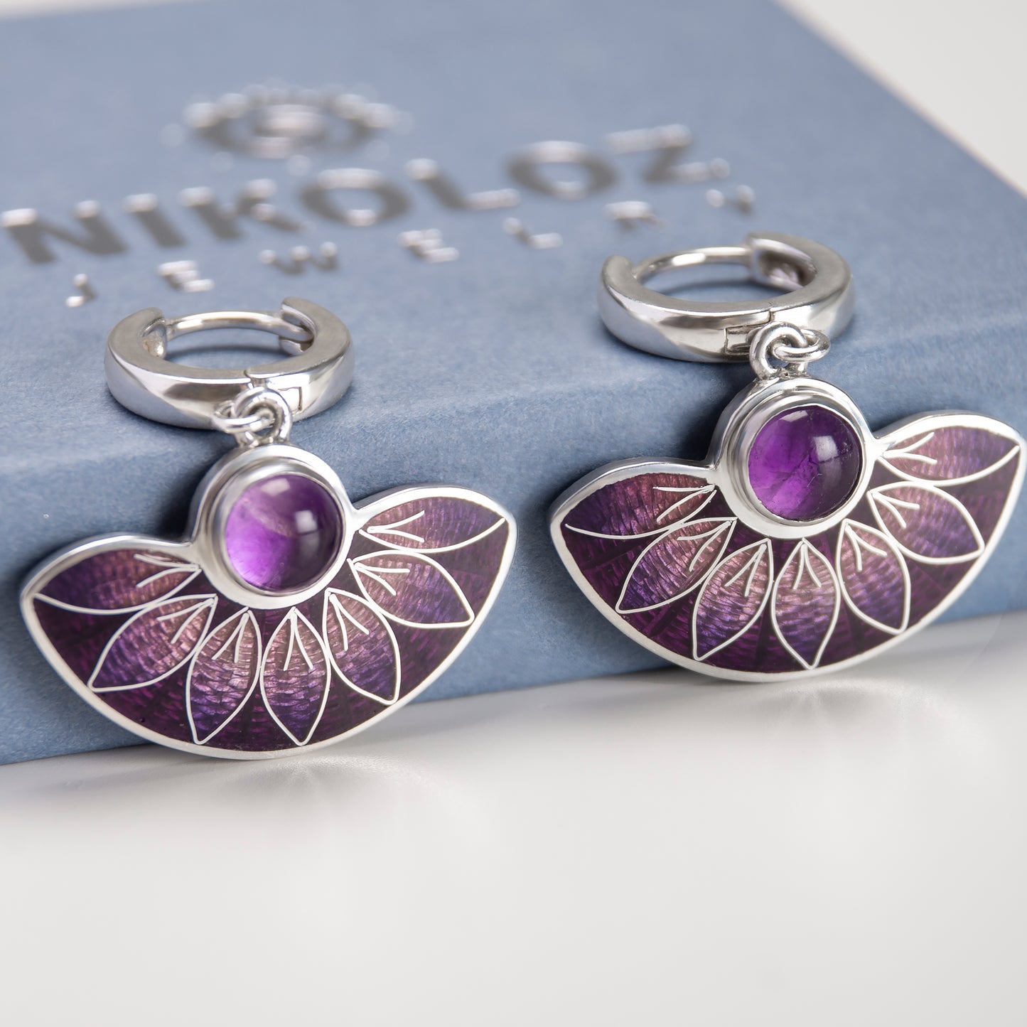 Purple Leaves Semicircle Cloisonné Enamel Earrings with Amethyst Stone