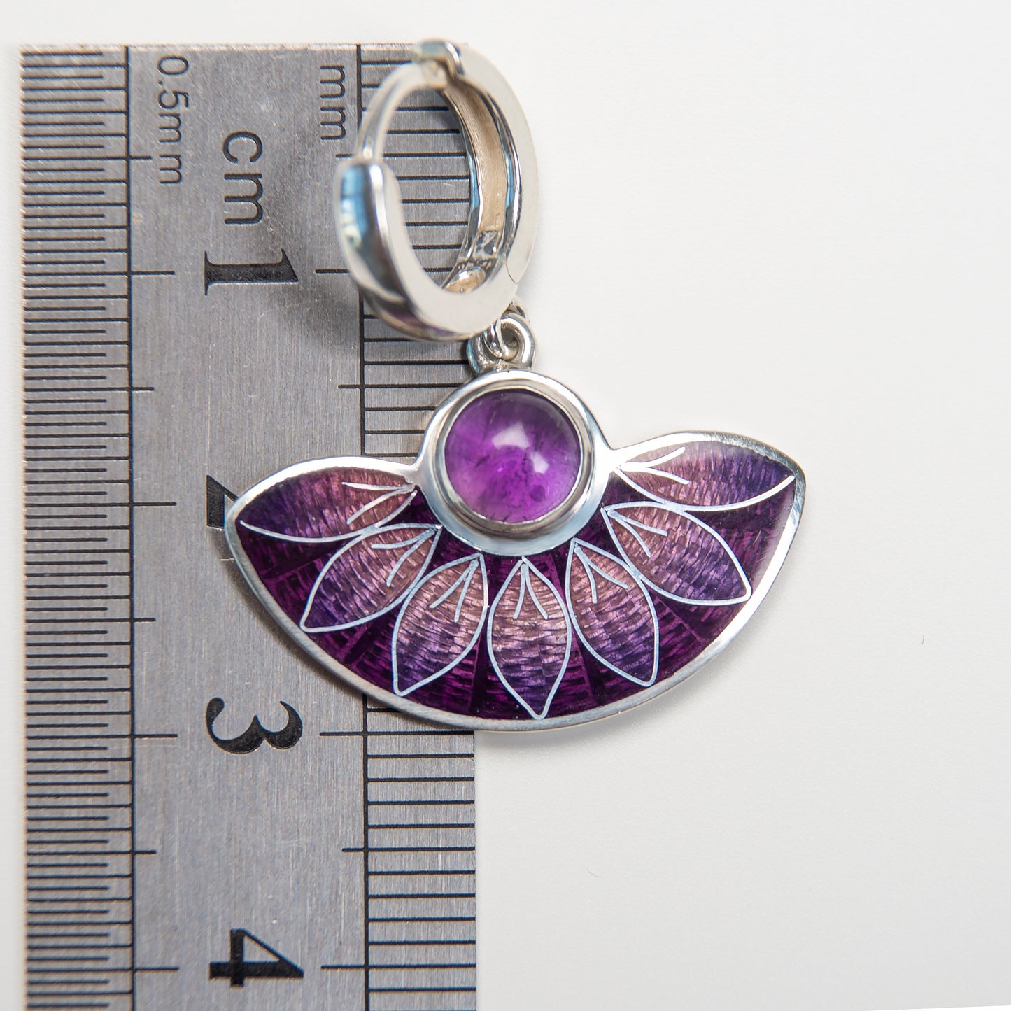 Purple Leaves Semicircle Cloisonné Enamel Earrings with Amethyst Stone
