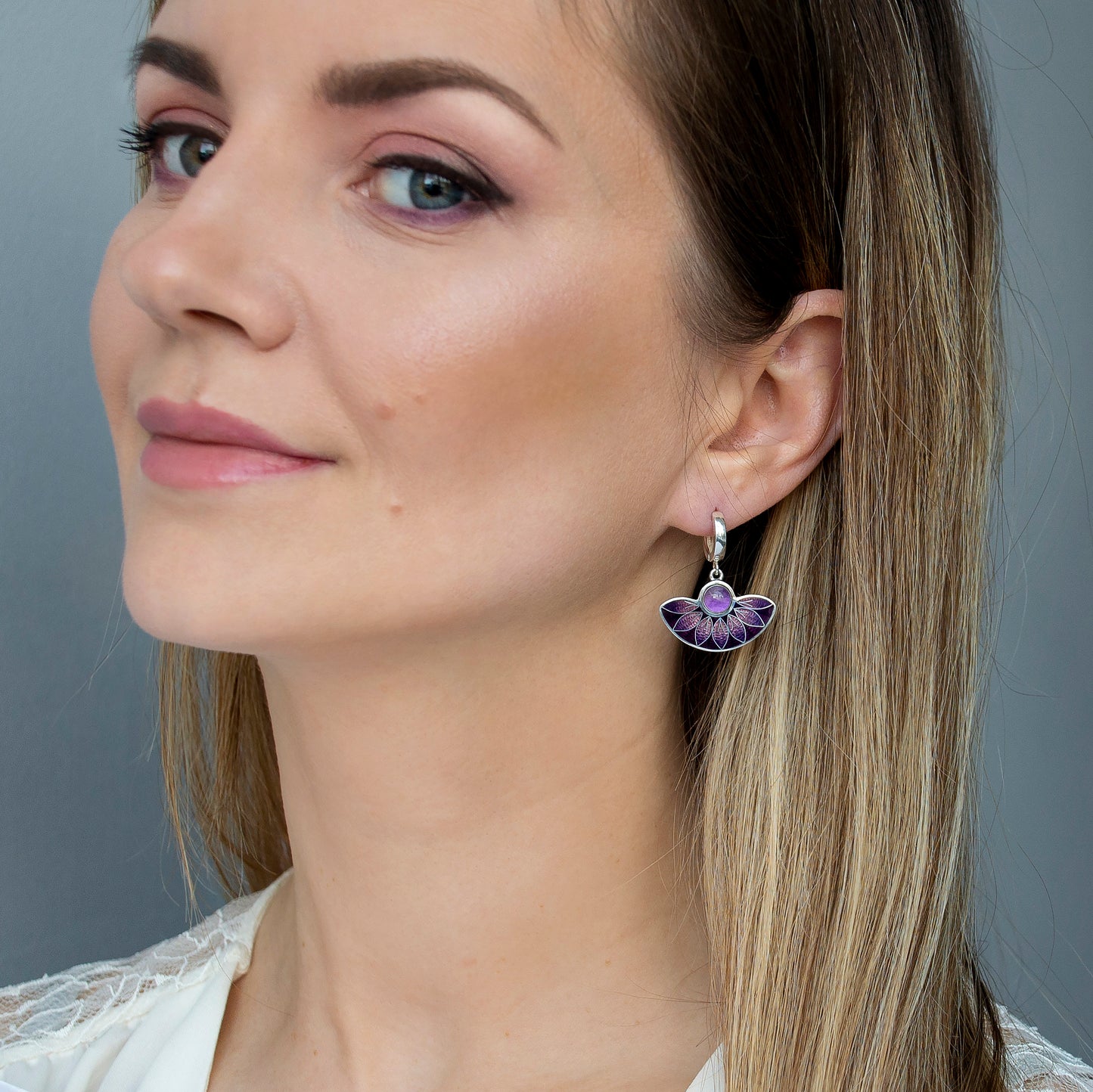 Purple Leaves Semicircle Cloisonné Enamel Earrings with Amethyst Stone
