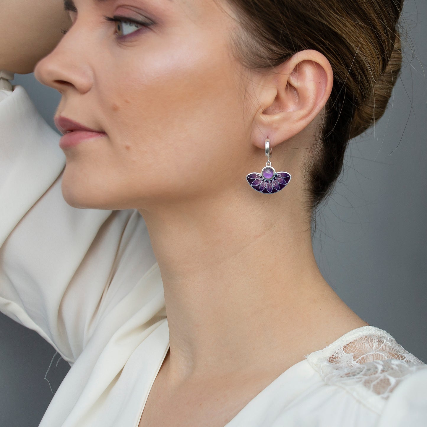 Purple Leaves Semicircle Cloisonné Enamel Earrings with Amethyst Stone