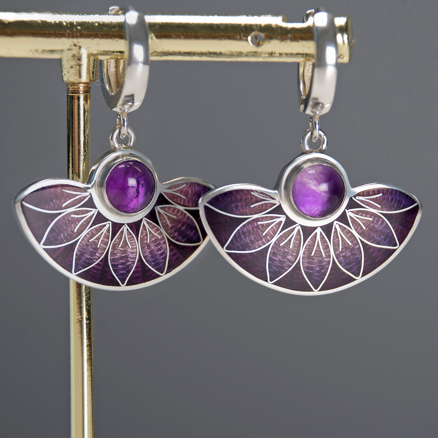Purple Leaves Semicircle Cloisonné Enamel Earrings with Amethyst Stone