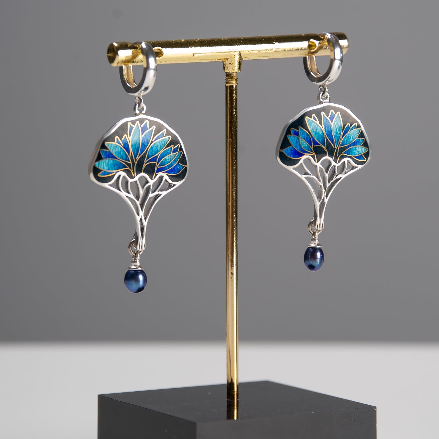 Gold Tree Cloisonné Enamel Earrings With Peacock Pearls