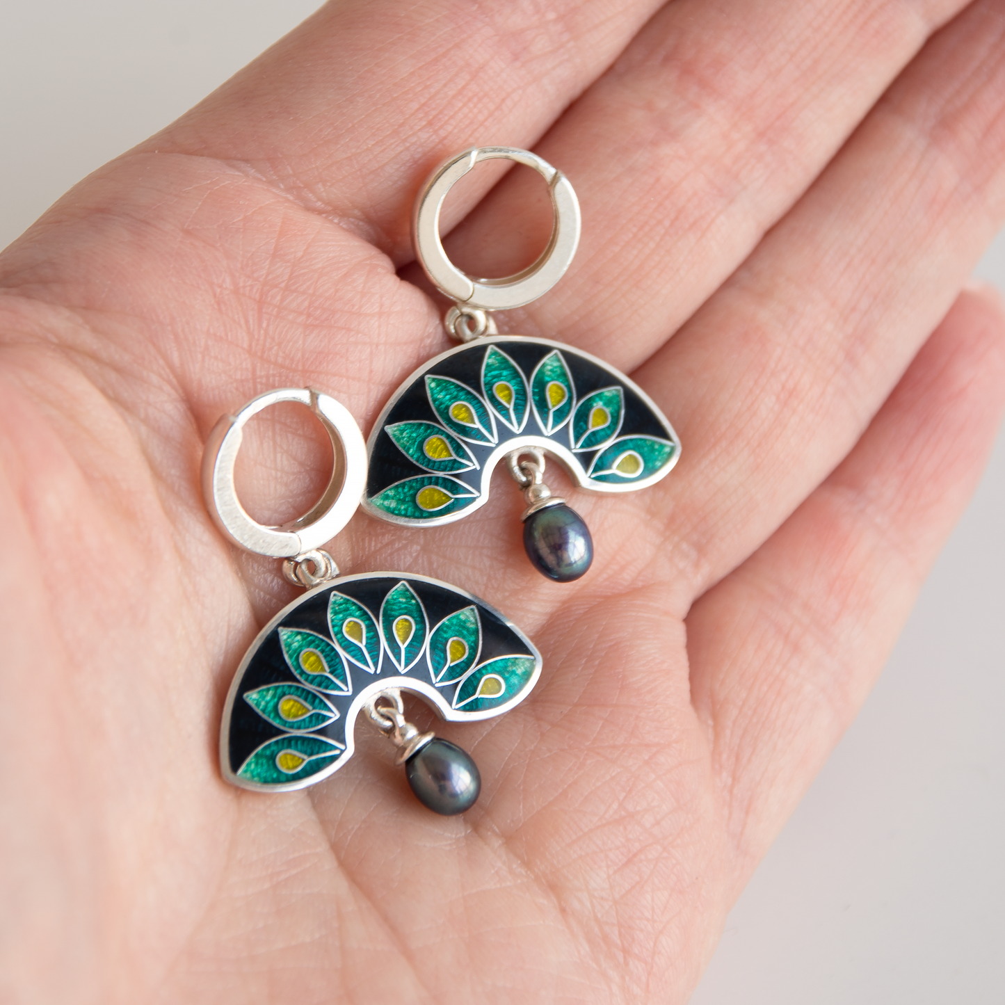 Dark Green Peacock, Cloisonné Enamel Earrings