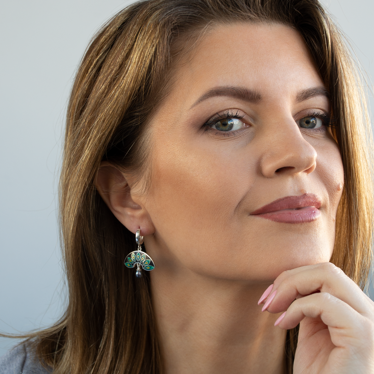 Dark Green Peacock, Cloisonné Enamel Earrings