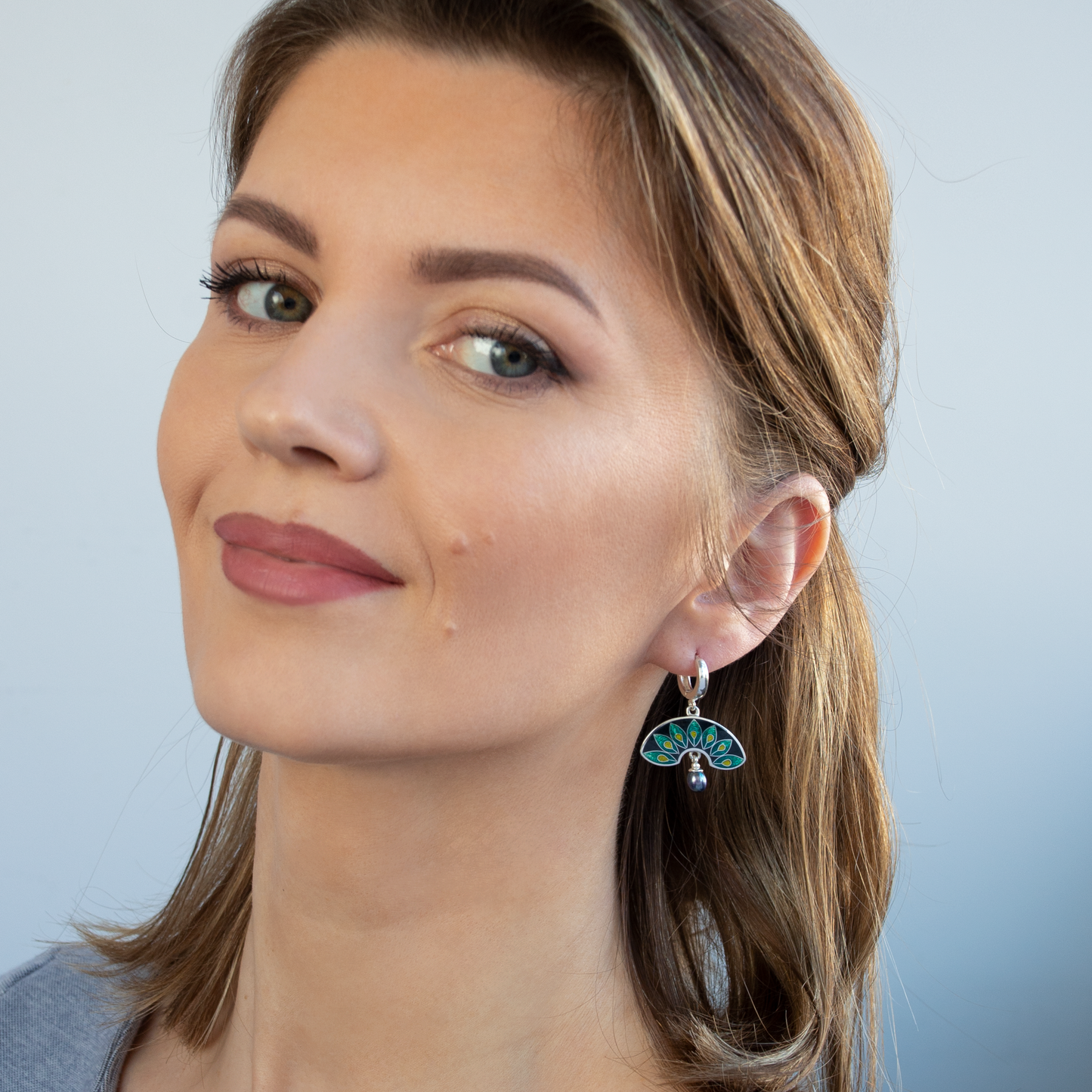Dark Green Peacock, Cloisonné Enamel Earrings