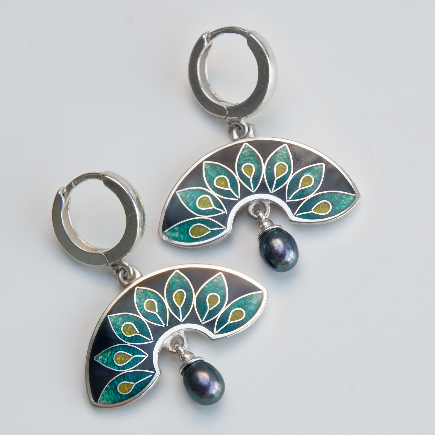 Dark Green Peacock, Cloisonné Enamel Earrings