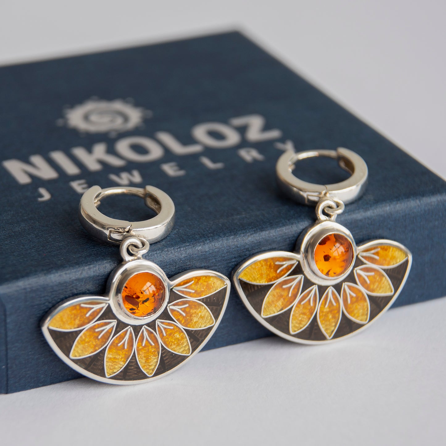 Cloisonné Enamel, Sterling Silver, Baltic Amber Stone, Orange Earrings