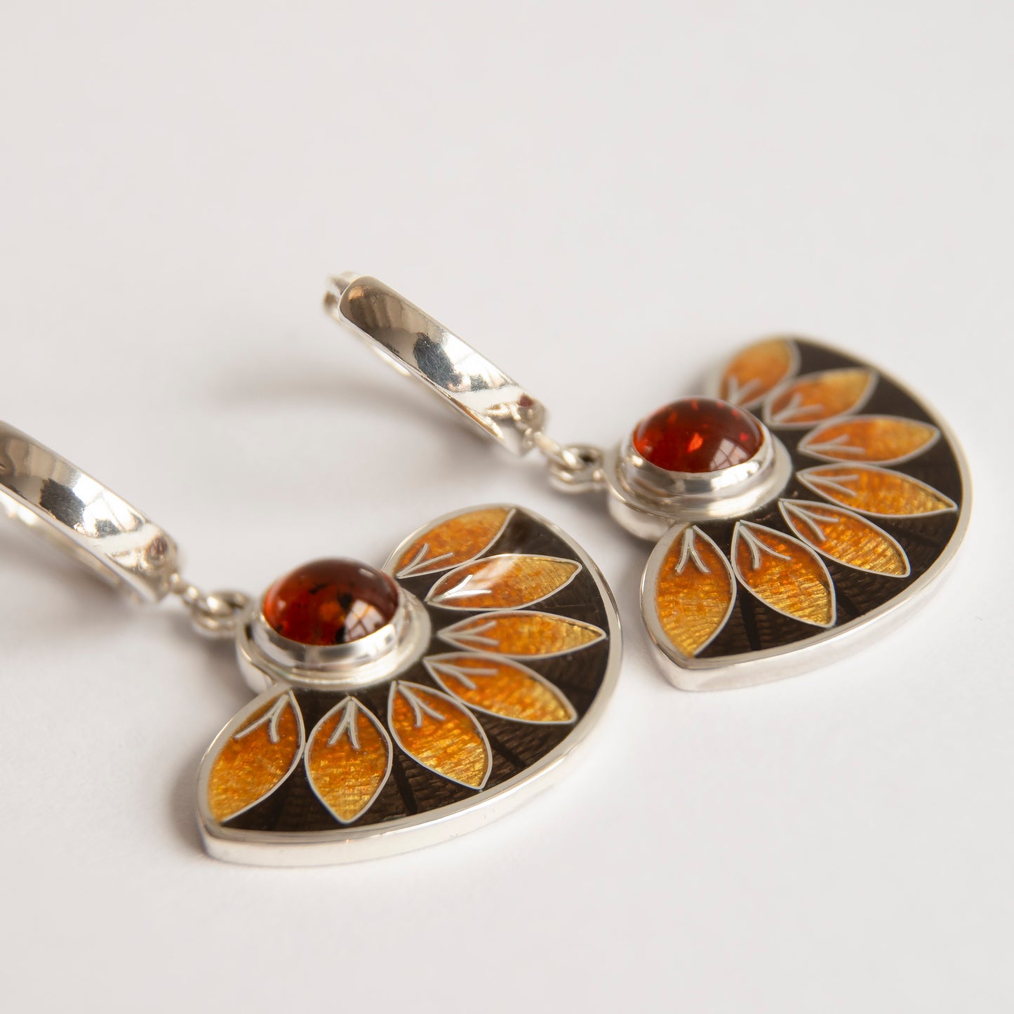 Cloisonné Enamel, Sterling Silver, Baltic Amber Stone, Orange Earrings