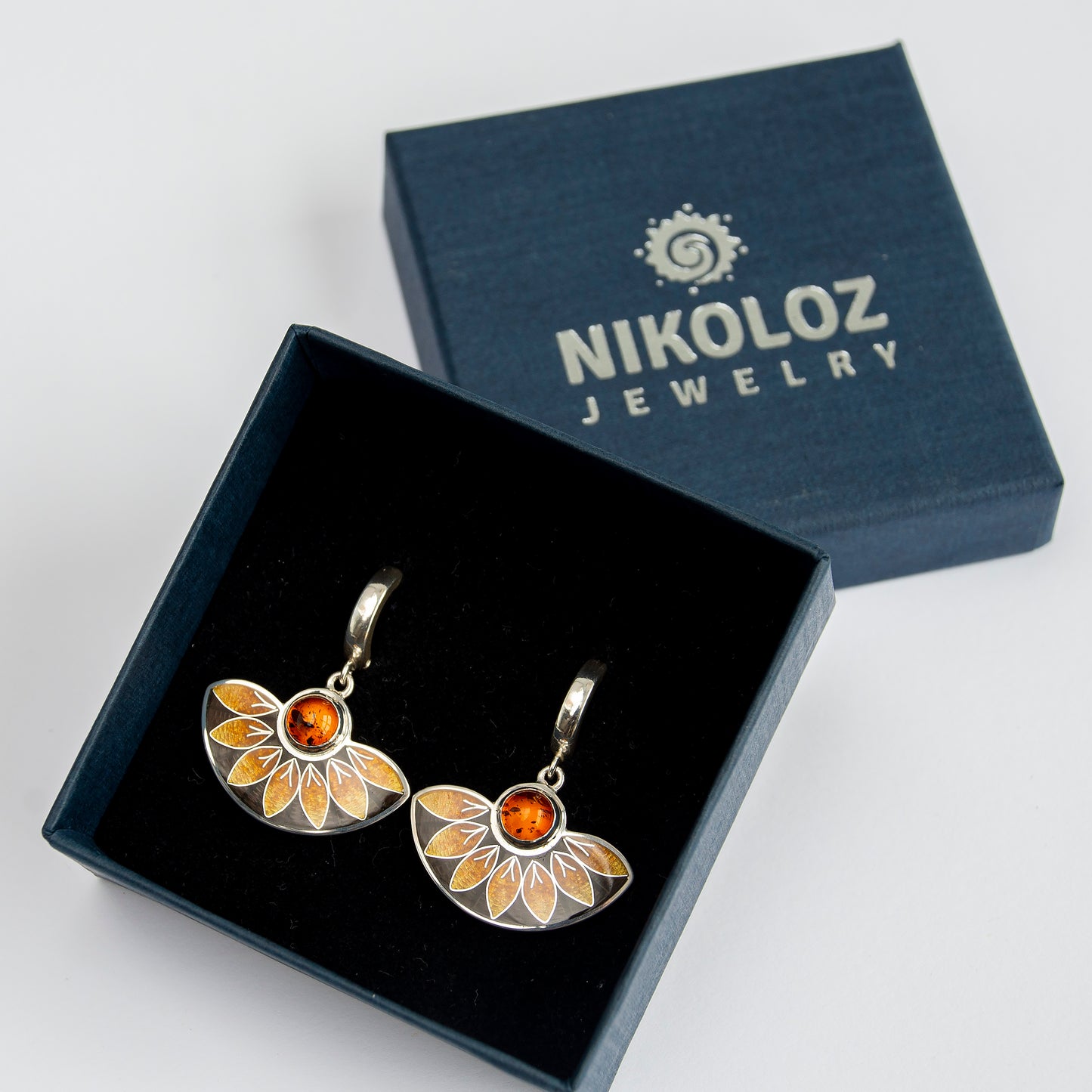 Cloisonné Enamel, Sterling Silver, Baltic Amber Stone, Orange Earrings
