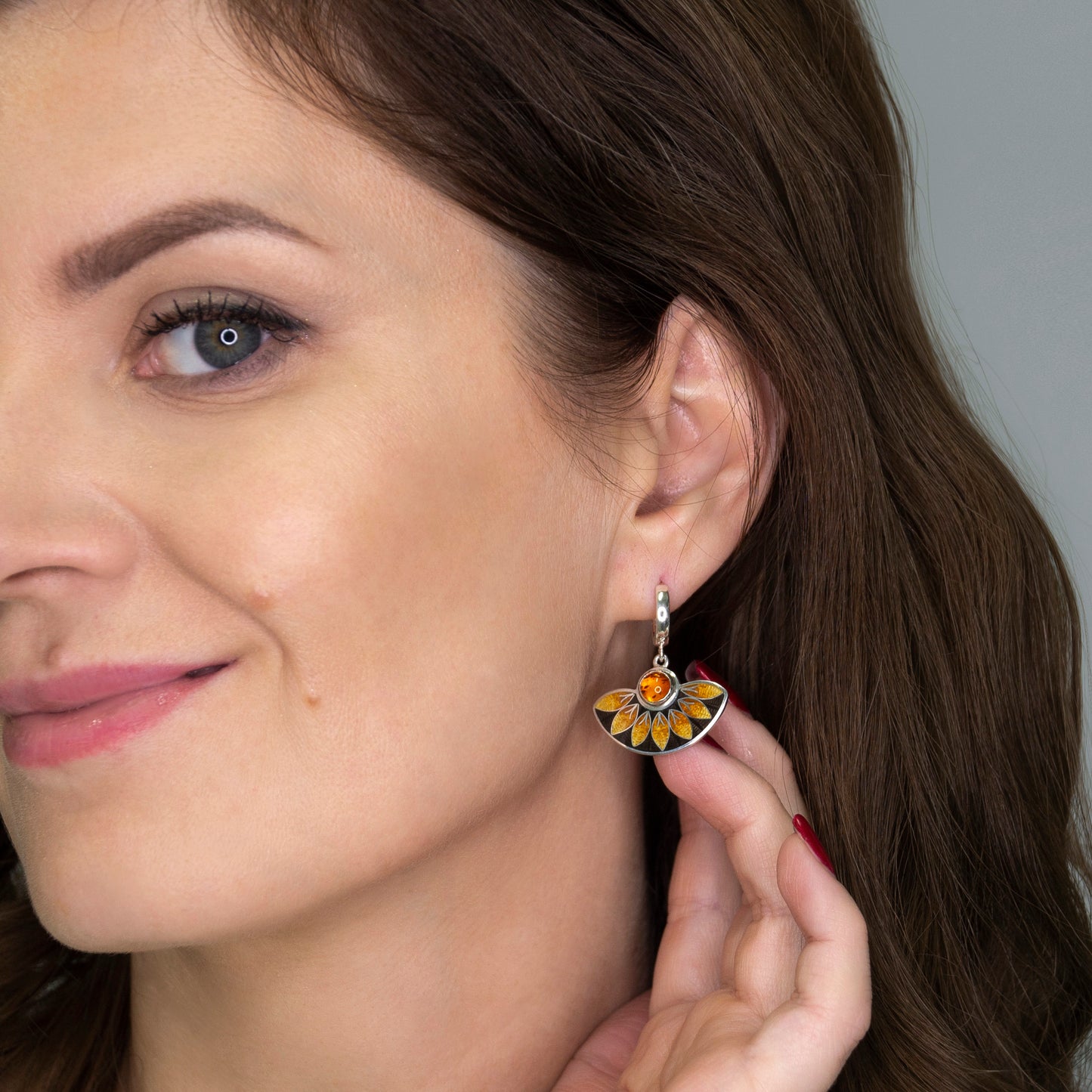 Cloisonné Enamel, Sterling Silver, Baltic Amber Stone, Orange Earrings