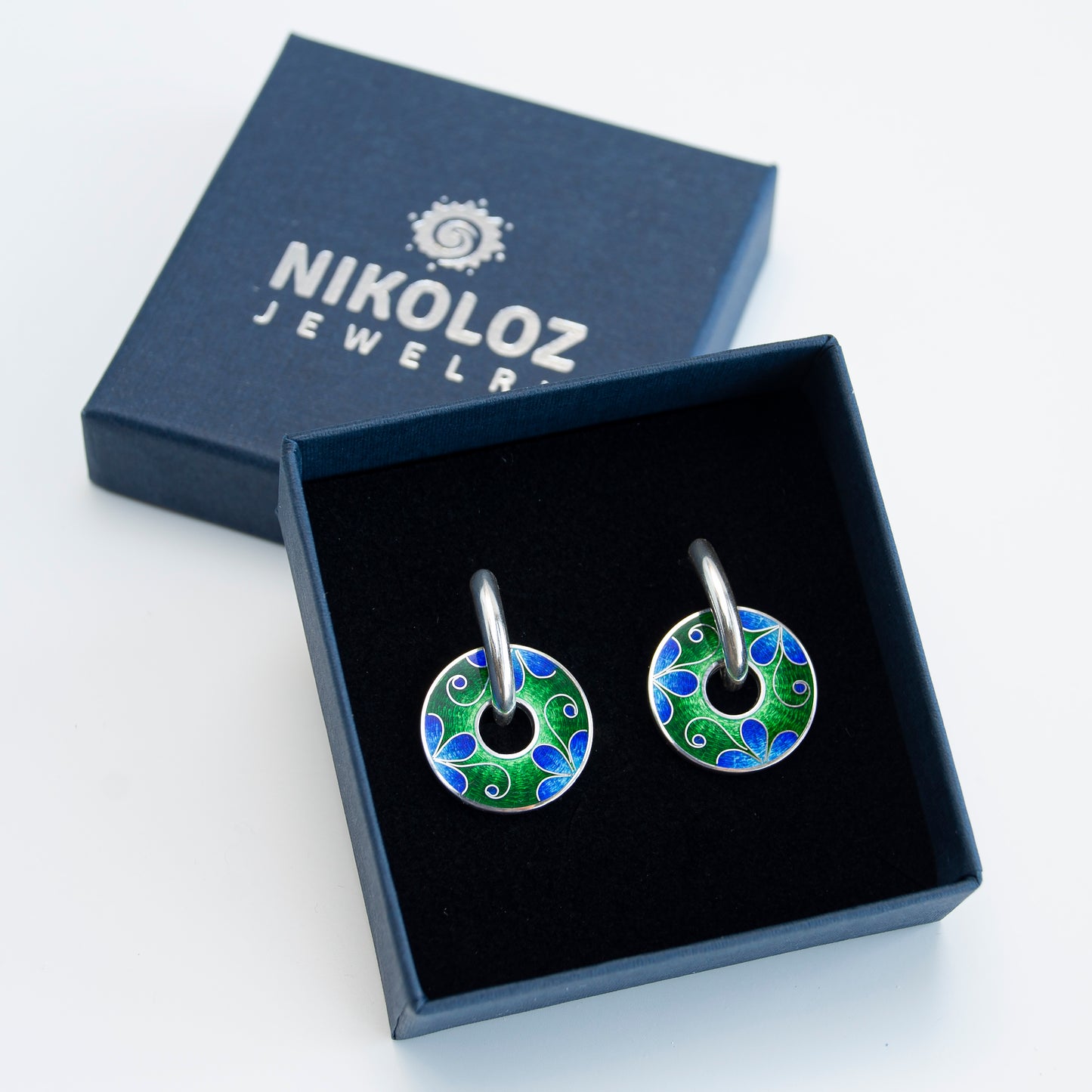 Blue Flower Reversible Earrings. Silver, Cloisonné Enamel Technique.
